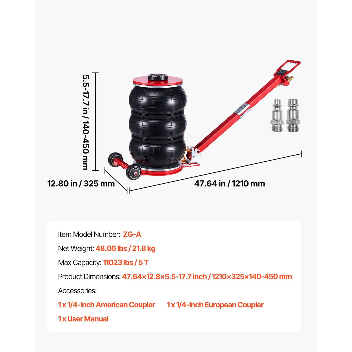 Air Jack, 5 Ton/11023 lbs Triple Bag Air Jack, Airbag with Six Steel Pipes, Lift Up to 18.3 inch/464 mm, 4-10 s Fast Lifting Pneumatic with Adjustable Long Handle for Cars, SUVs, Pickup Trucks