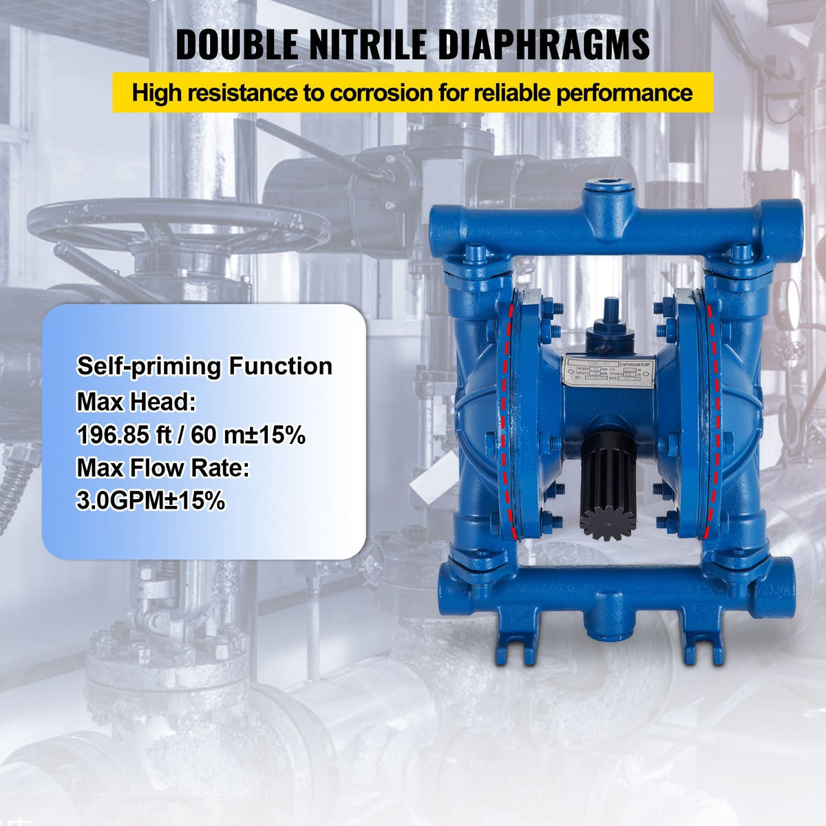 Air-Operated Double Diaphragm Pump, 1/2 in Inlet & Outlet, Cast Iron Body, 3 GPM & Max 90 PSI, Nitrile Diaphragm Pneumatic Transfer Pump for Petroleum, Diesel, Oil & Low Viscosity Fluids
