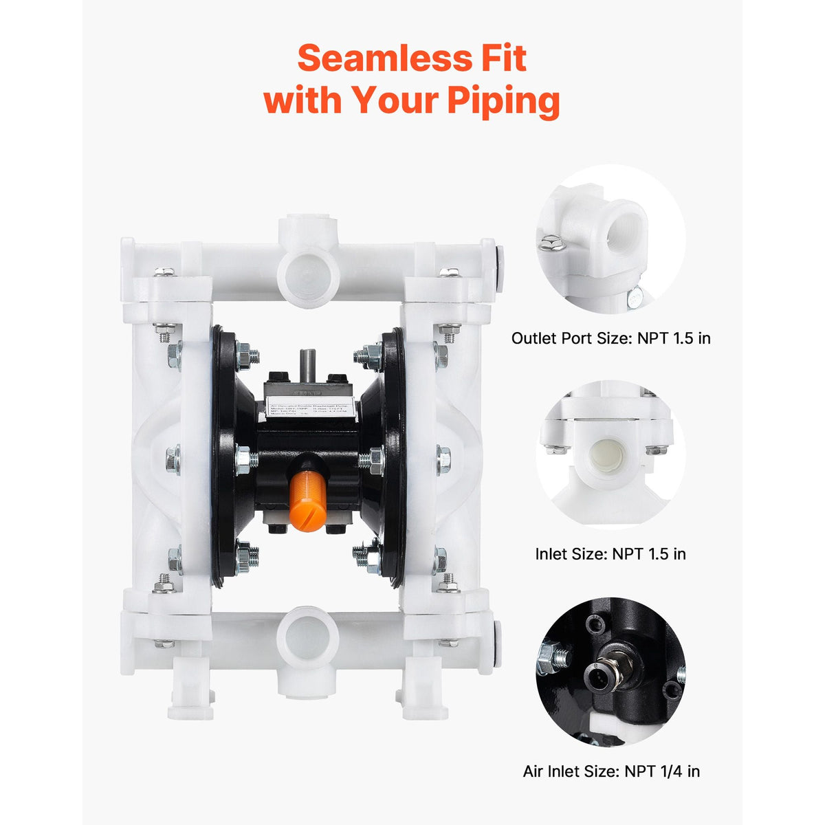 Air Operated Double Diaphragm Pump, 4.4 GPM, 1-1/2 inch Inlet & Outlet Pneumatic Waste Oil Transfer Pump, Max 100 PSI, Polypropylene Body, Air-Operated for Diesel, Grease, Kerosene, Gasoline
