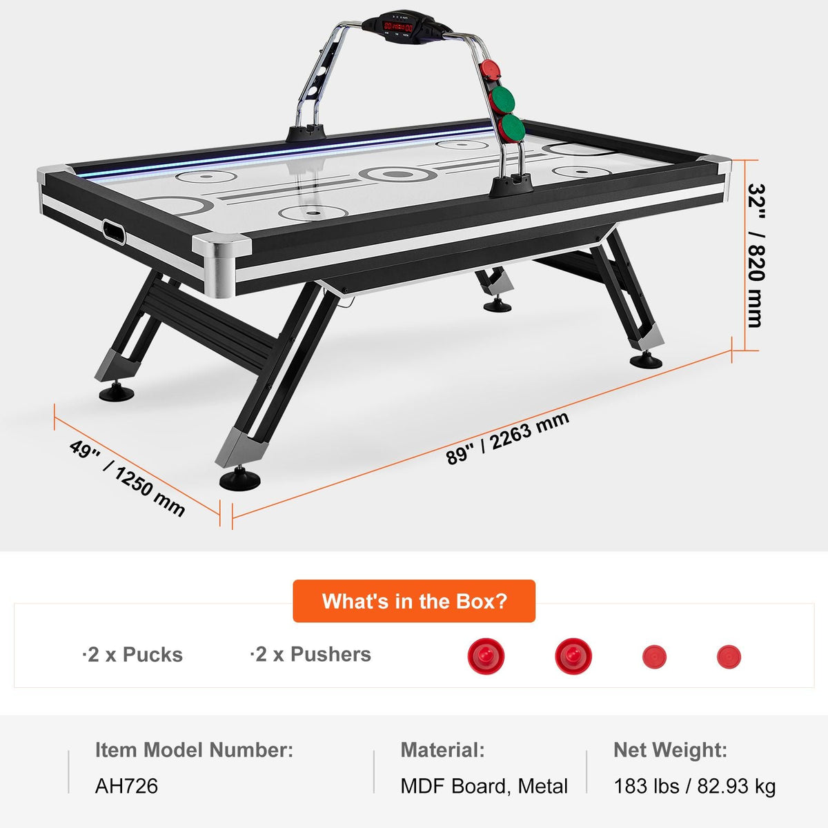 Air-Powered Hockey Table, 89" Indoor Hockey Table for Kids and Adults, LED Sports Hockey Game with 2 Pucks, 2 Pushers, and Electronic Score System, Arcade Gaming Set for Game Room Family Home