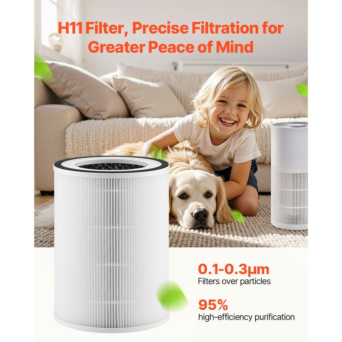 Air Purifier Replacement Filter, H11, 2-in-1 Compact & Lightweight Replacement Filter with PET Pre-Filter, Easy-to-Grab Purifier Filter with Non-Woven Fabric, Fit for Cylindrical Purifier