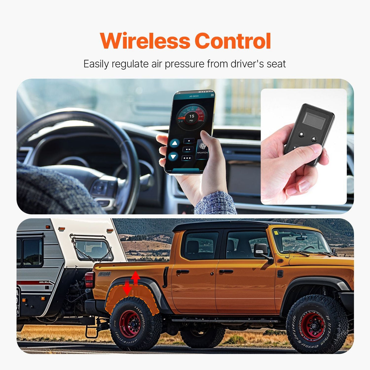 Air Shock Controller Kit, 12V 100PSI Wireless On Board Air Compressor System, App or Remote Control Air Ride Suspension Compressor Kit with Single Path System, Inflator & Air Line for Truck Van