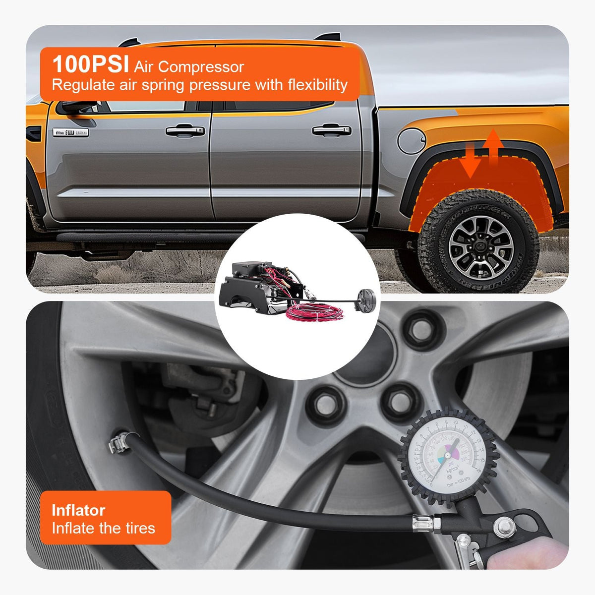 Air Shock Controller Kit, 12V 100PSI Wireless On Board Air Compressor System, App or Remote Control Air Ride Suspension Compressor Kit with Single Path System, Inflator & Air Line for Truck Van