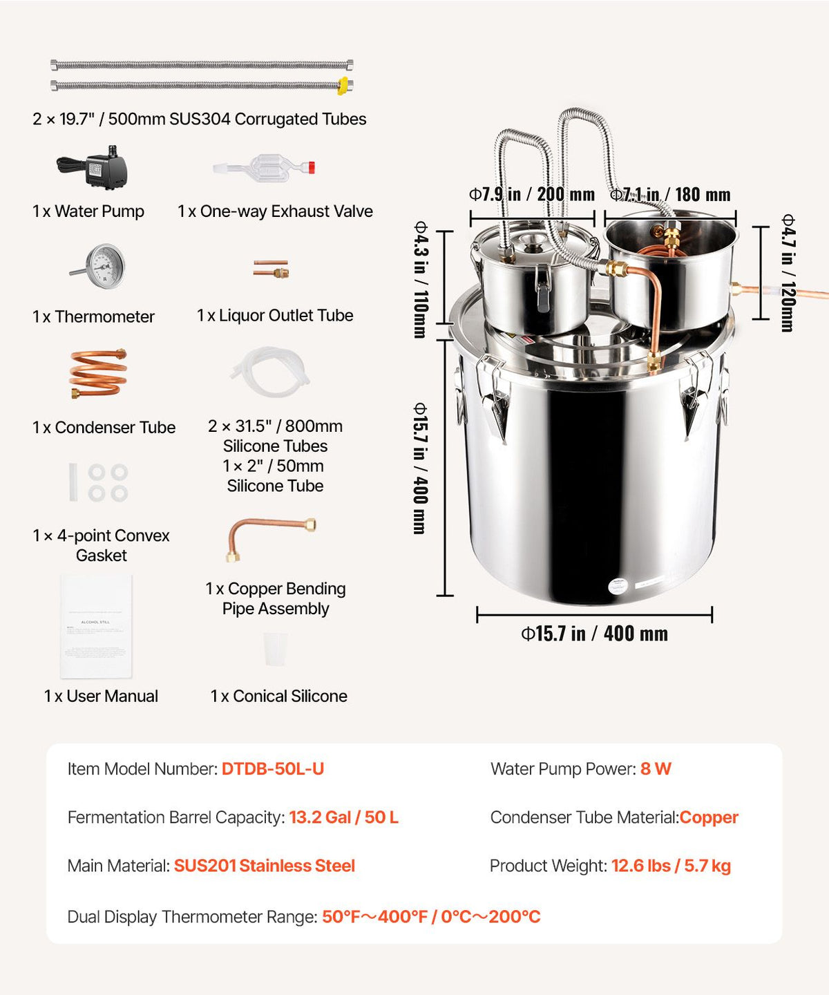 Alcohol Still, 13.2 Gal / 50 L Stainless Steel Water Alcohol Distiller with Copper Coil for Fast Cooling, Dual Condenser Distiller Kit with Secondary Distillation, for Wine Whisky Brandy, Silver
