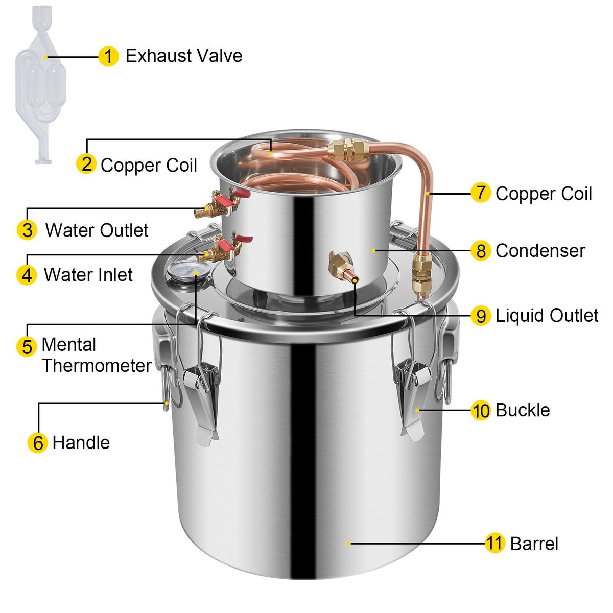 Alcohol Still 5Gal/21L, Alcohol Distiller with Circulating Pump, Alcohol Still Copper Tube, Whiskey Distilling Kit with Build-In Thermometer, Whiskey Making Kit for DIY Alcohol, Stainless Steel