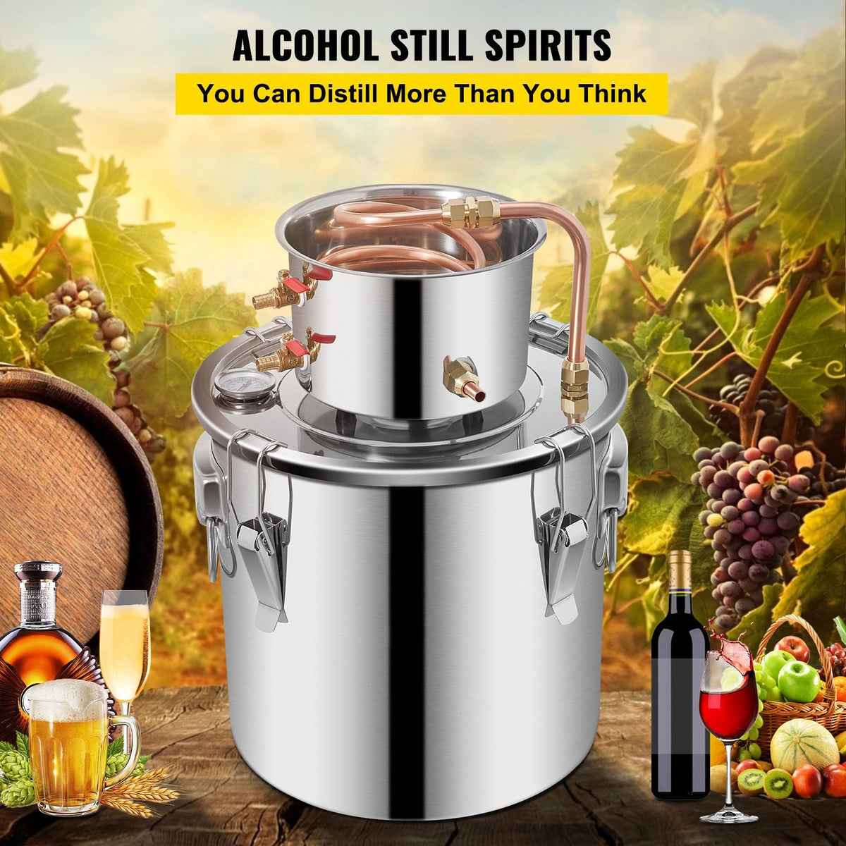 Alcohol Still 5Gal/21L, Alcohol Distiller with Circulating Pump, Alcohol Still Copper Tube, Whiskey Distilling Kit with Build-In Thermometer, Whiskey Making Kit for DIY Alcohol, Stainless Steel