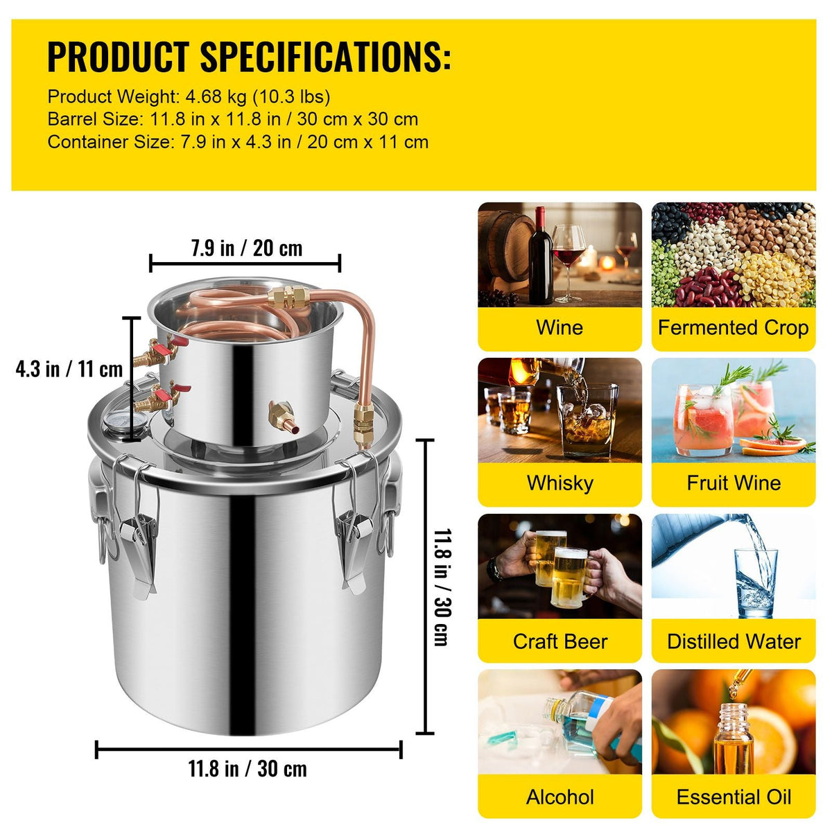 Alcohol Still 5Gal/21L, Alcohol Distiller with Circulating Pump, Alcohol Still Copper Tube, Whiskey Distilling Kit with Build-In Thermometer, Whiskey Making Kit for DIY Alcohol, Stainless Steel