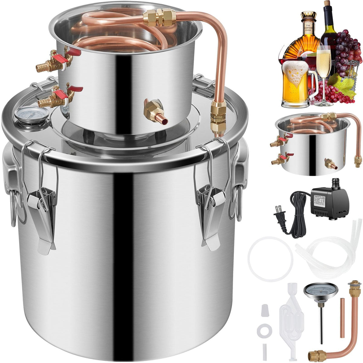 Alcohol Still 5Gal/21L, Alcohol Distiller with Circulating Pump, Alcohol Still Copper Tube, Whiskey Distilling Kit with Build-In Thermometer, Whiskey Making Kit for DIY Alcohol, Stainless Steel