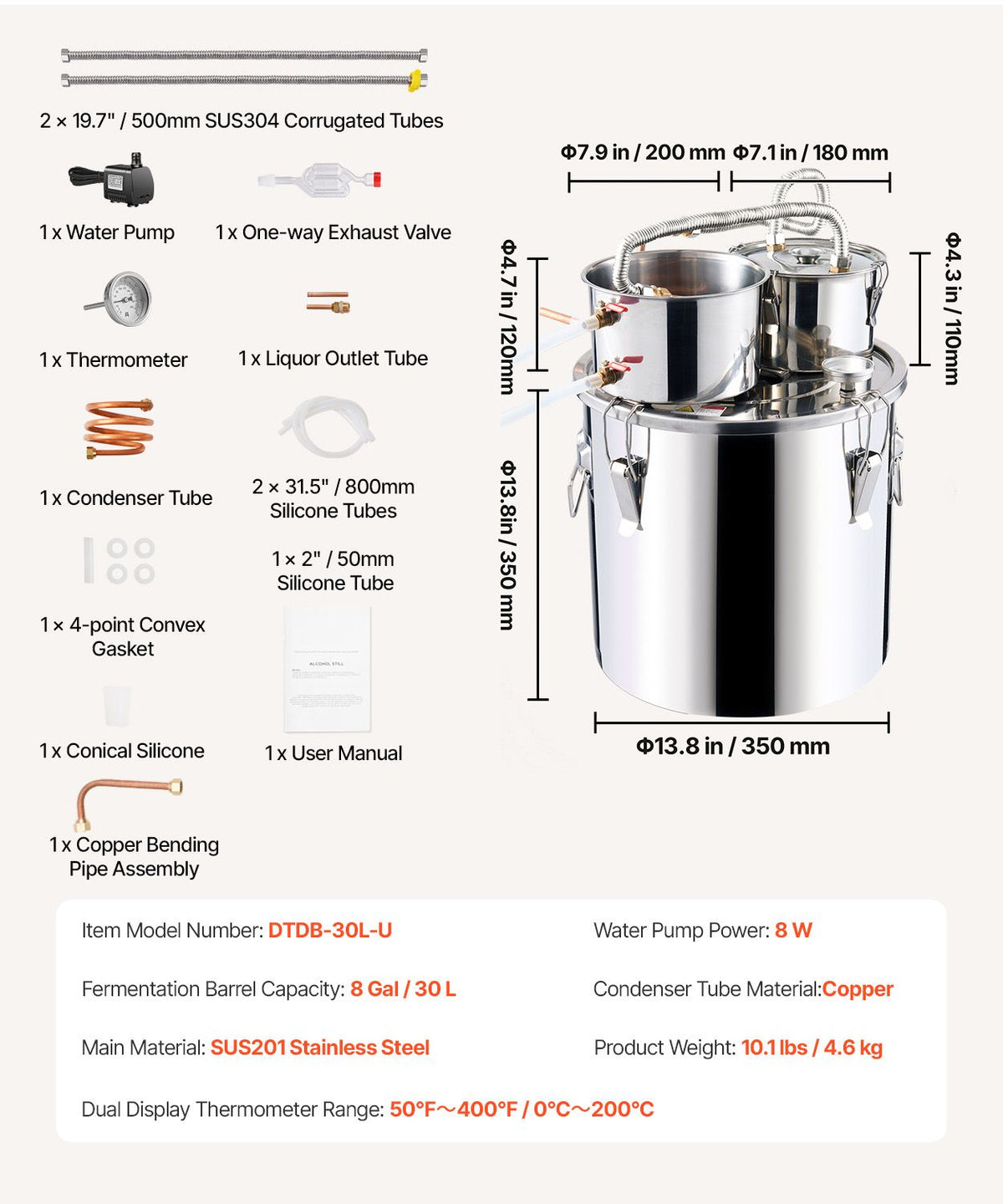 Alcohol Still, 8 Gal / 30 L Stainless Steel Water Alcohol Distiller with Copper Coil for Fast Cooling, Dual Condenser Distiller Kit with Secondary Distillation, for Wine Whisky Brandy, Silver