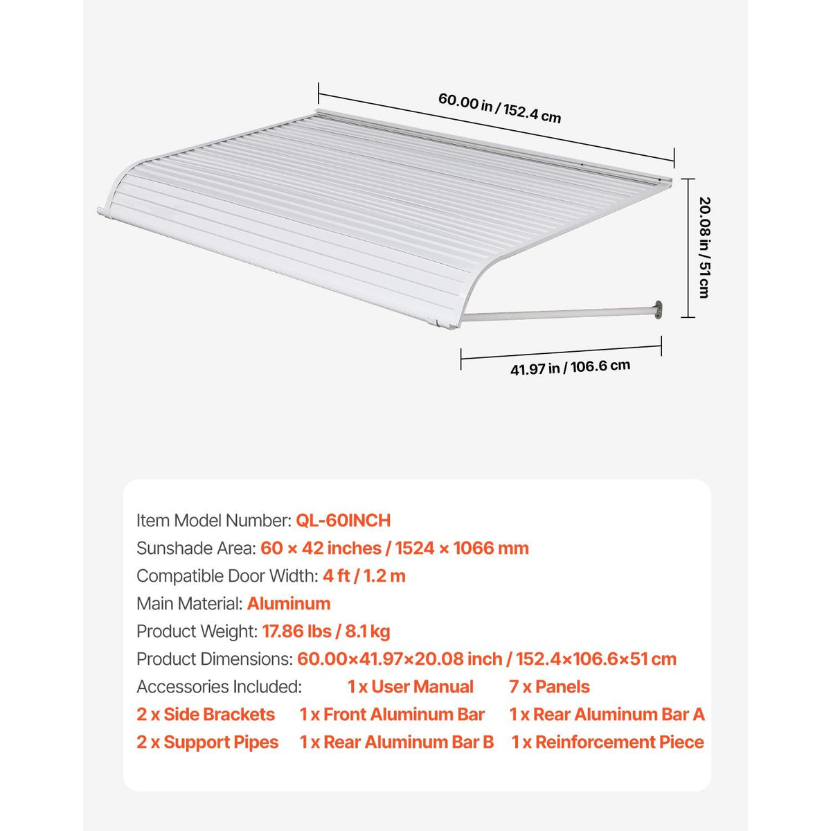 Aluminum Awning 60 x 42 in, Durable Window Awning Door Canopy, Lightweight and Stable Aluminum Awnings for Doors Exterior Rain Snow Sunlight Protection for Door Entrance Windows Patio Porch