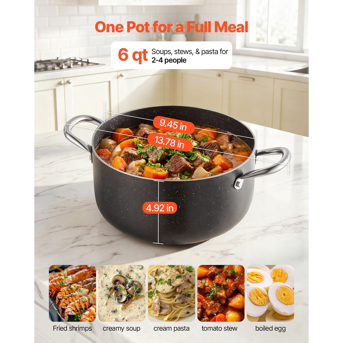 Aluminum Stock Pot, 6-Quart Nonstick Ceramic Coated Pot with Glass Lid, PFOA-Free, PFAS-Free, Compatible with Gas Stoves, Induction Cooktops, Electric Stoves, for Soups, Stews, and Pasta