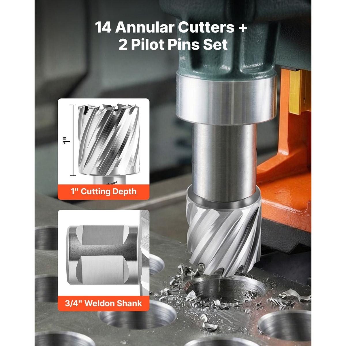 Annular Cutter Set, 16 pcs Weldon Shank Mag Drill Bits Kit, 1" Cutting Depth, 7/16" to 1-3/8" Cutting Diameter, HSS, 14 Drill Bits with 2 Pilot Pins, Plastic Case, for Magnetic Drills, Steel