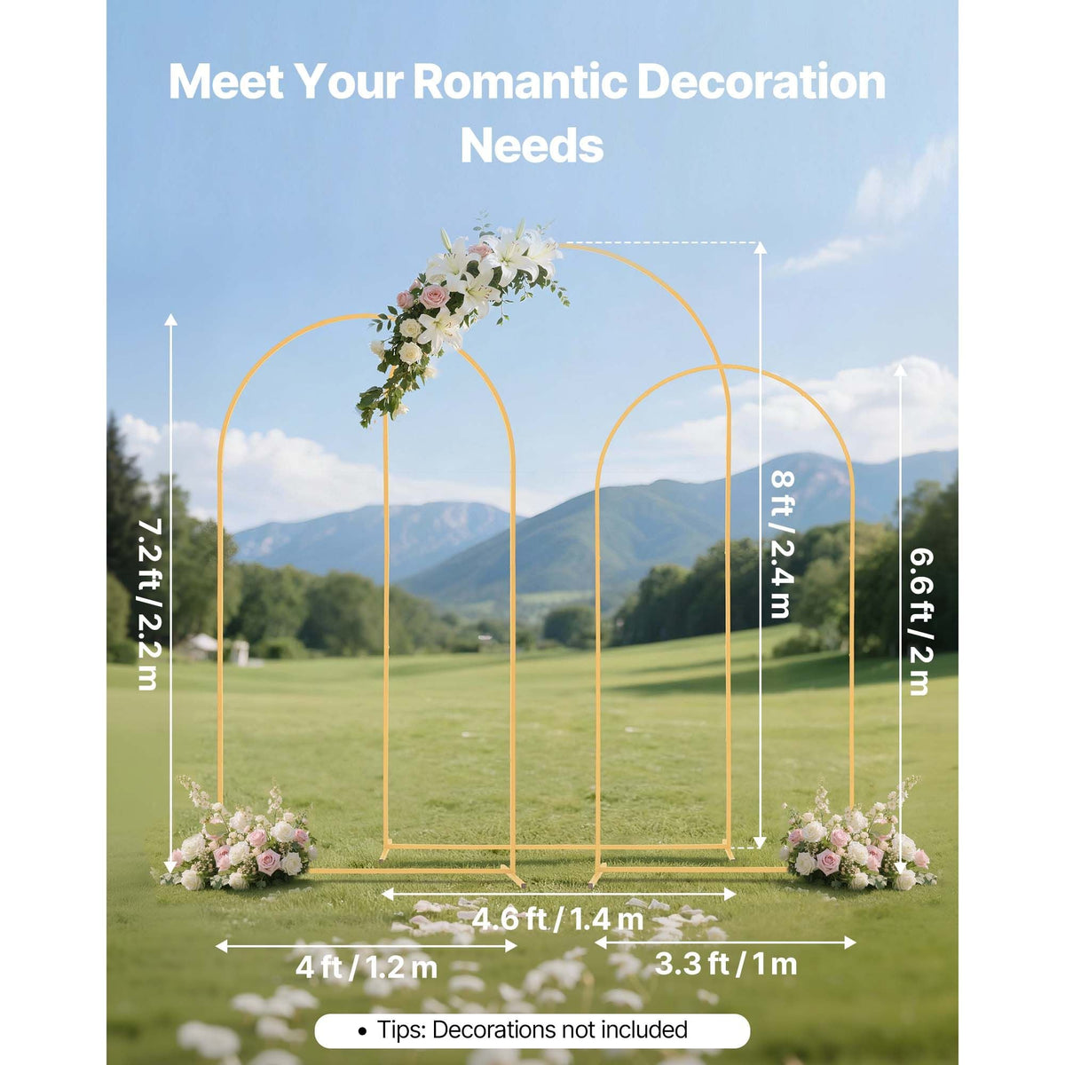 Arch Backdrop Stand, Set of 3, 8/7.2/6.6 ft, Stable Structure, Easy Assembly, Gold Metal Arch Backdrop Stand for Wedding, Birthday Party, Graduation, Holiday Celebration, and Ceremony Decoration