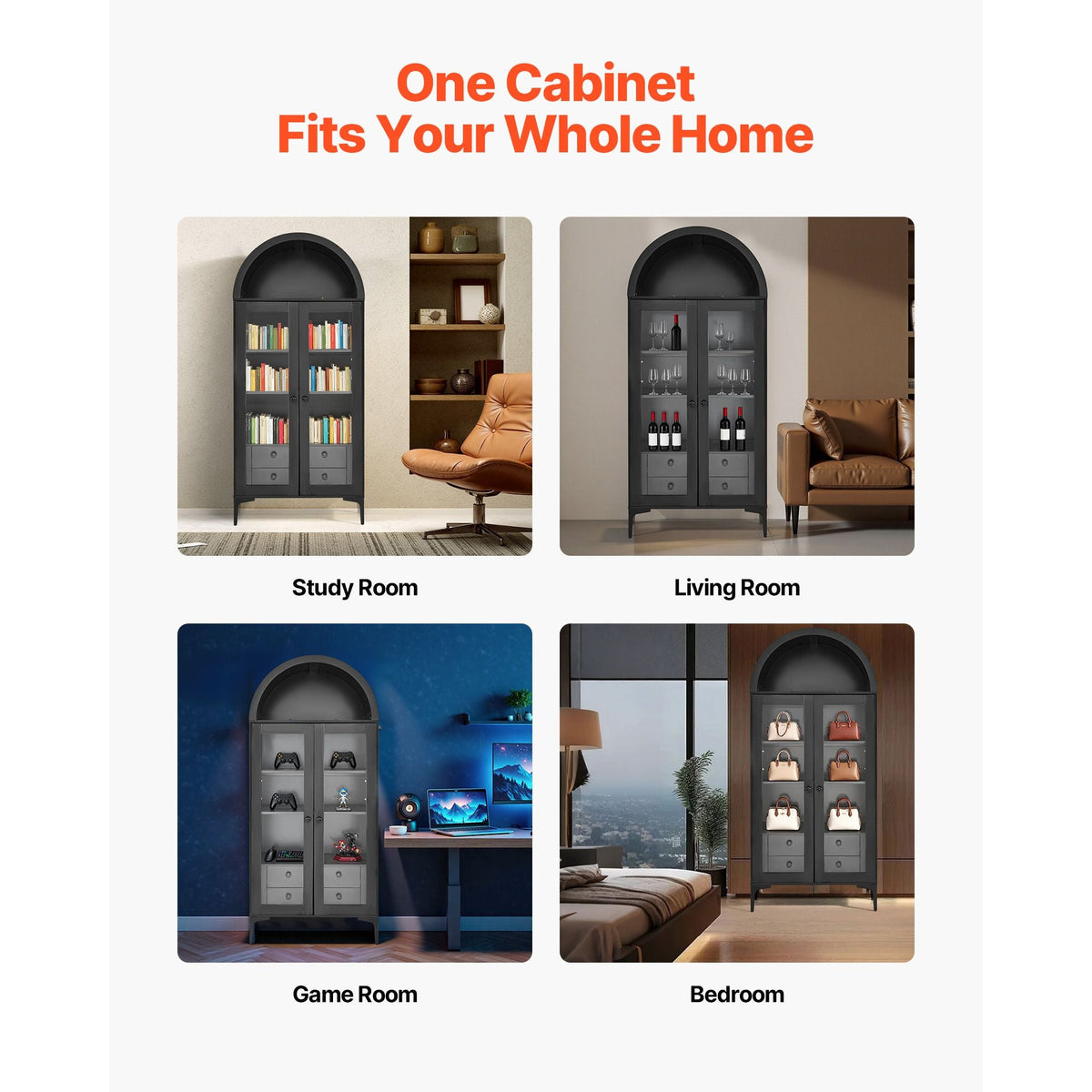 Arched Display Cabinet with Glass Doors, 70 in Tall Curio Cabinet, 4-Tier Display Case with 2 Adjustable Shelves, Bookcase Bookshelf for Collectibles Storage Bedroom Living Room Office