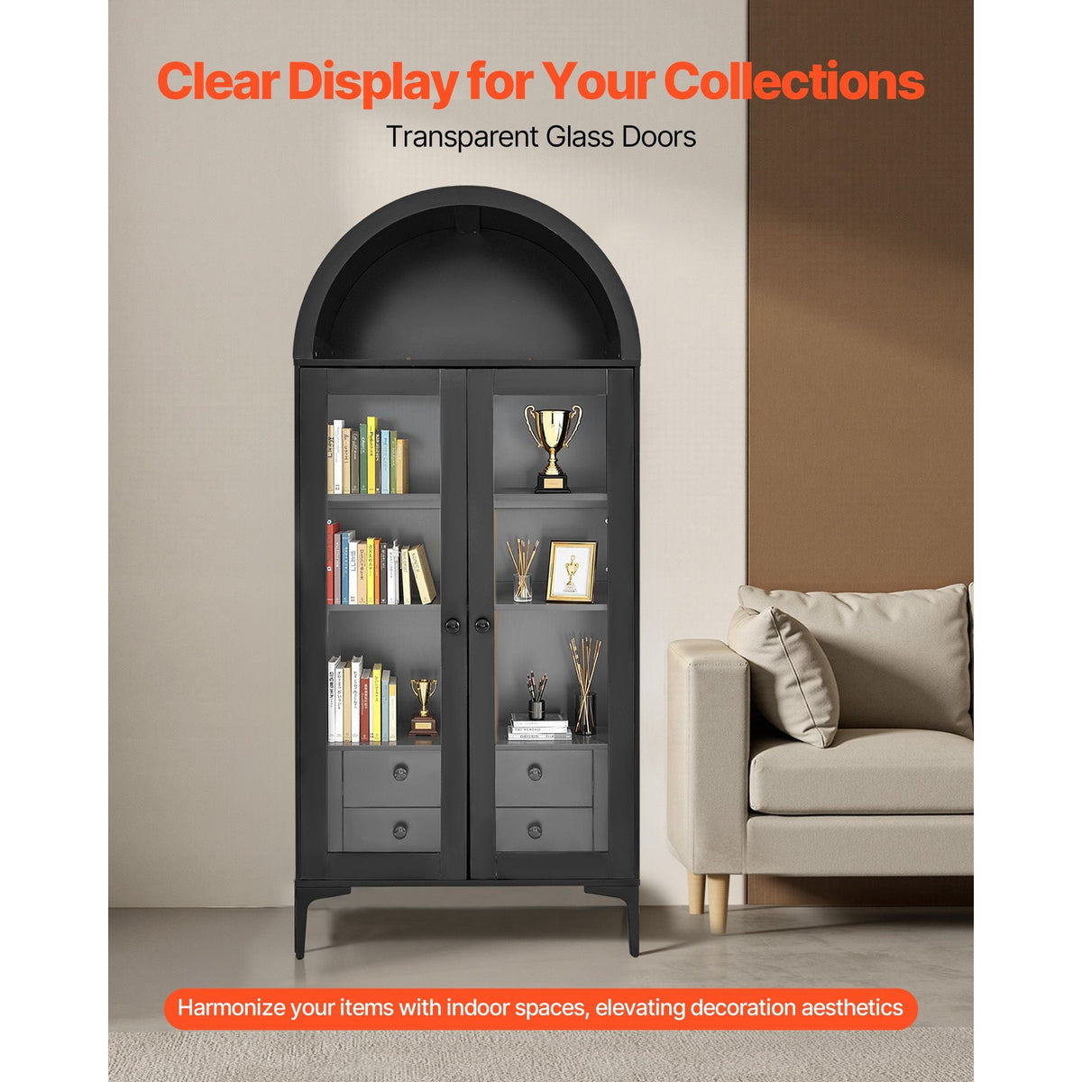 Arched Display Cabinet with Glass Doors, 70 in Tall Curio Cabinet, 4-Tier Display Case with 2 Adjustable Shelves, Bookcase Bookshelf for Collectibles Storage Bedroom Living Room Office