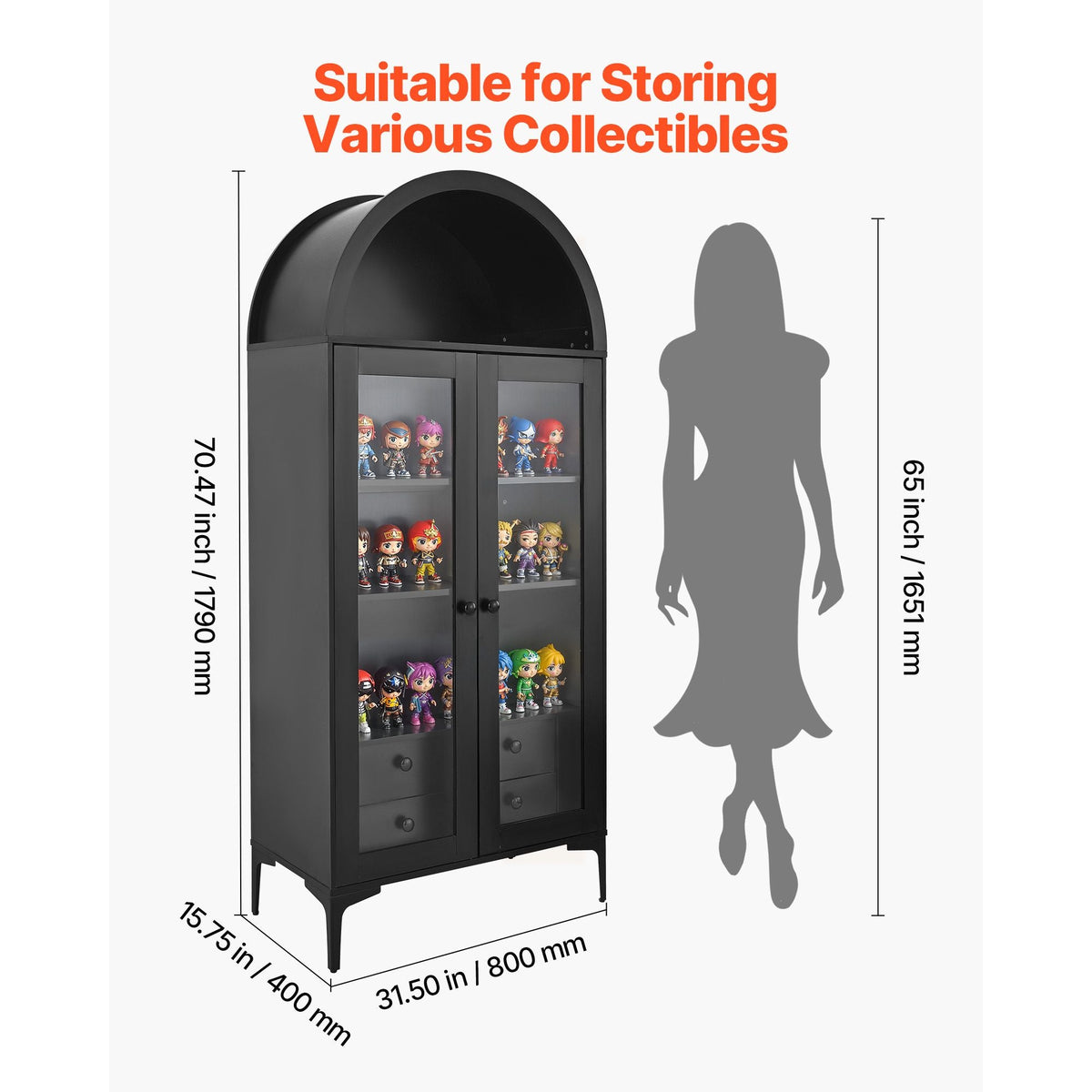 Arched Display Cabinet with Glass Doors, 70 in Tall Curio Cabinet, 4-Tier Display Case with 2 Adjustable Shelves, Bookcase Bookshelf for Collectibles Storage Bedroom Living Room Office