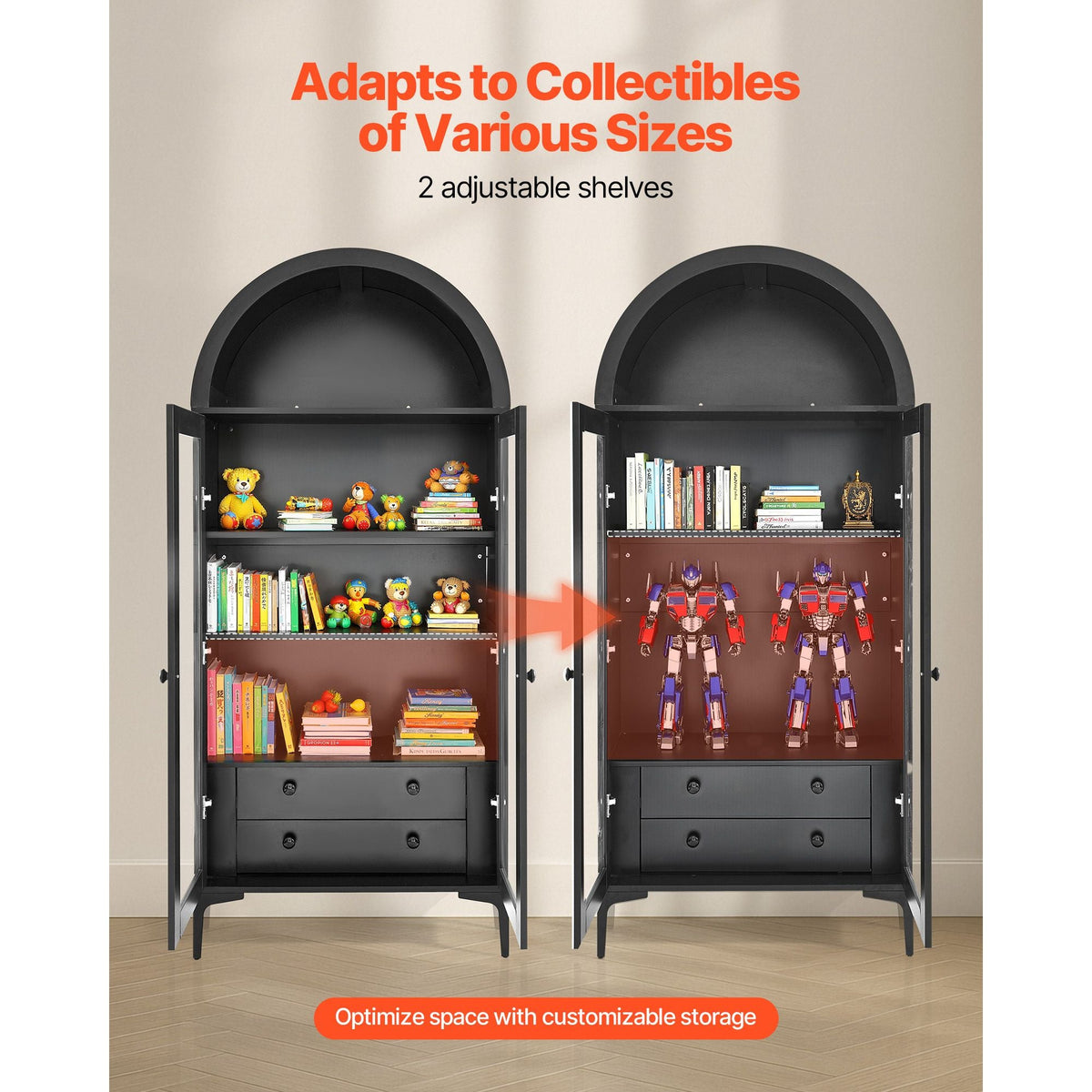 Arched Display Cabinet with Glass Doors, 70 in Tall Curio Cabinet, 4-Tier Display Case with 2 Adjustable Shelves, Bookcase Bookshelf for Collectibles Storage Bedroom Living Room Office