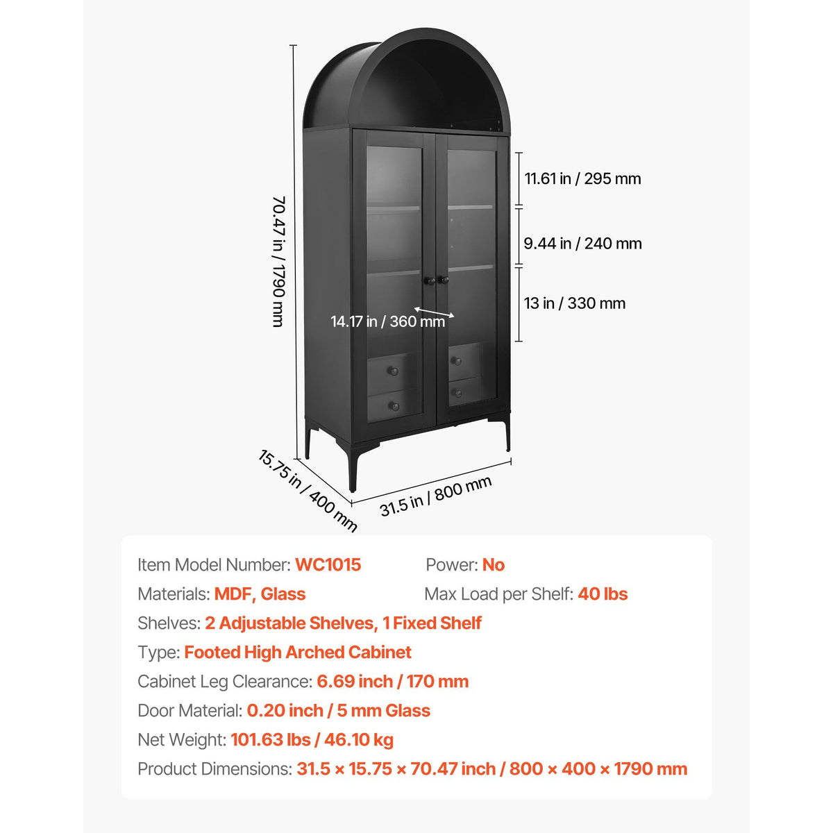 Arched Display Cabinet with Glass Doors, 70 in Tall Curio Cabinet, 4-Tier Display Case with 2 Adjustable Shelves, Bookcase Bookshelf for Collectibles Storage Bedroom Living Room Office