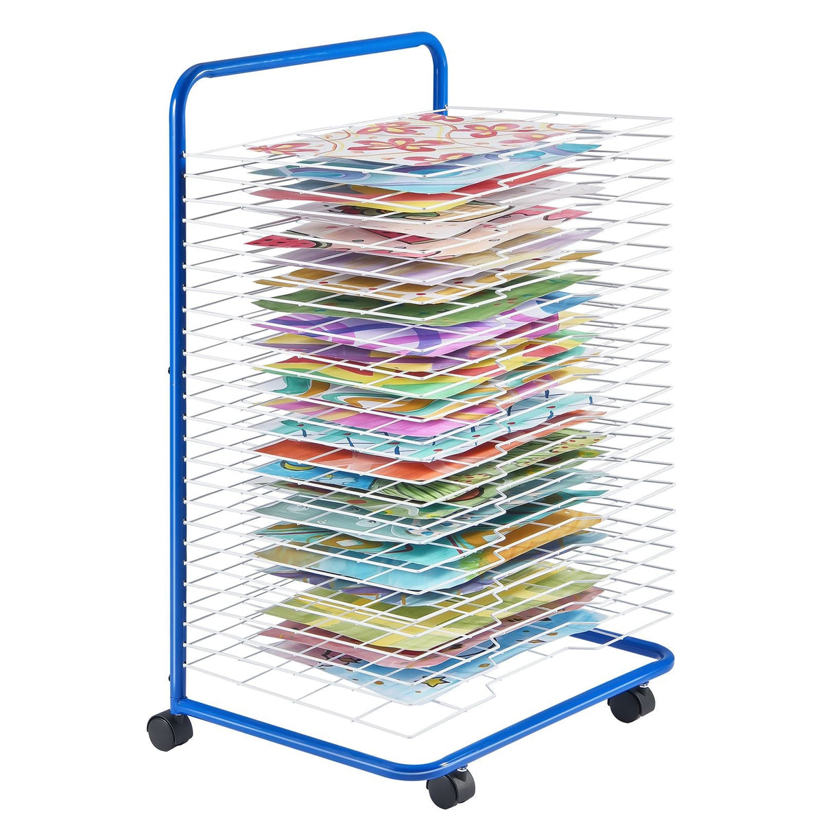 Art Drying Rack, 25 Removable Shelves 23.75 x 17.5 x 38 inch Paint Drying Rack With Lockable Wheels, Carbon Steel Painting Drying Rack for Artwork in Classroom, Art Studios, Schools, Blue+White