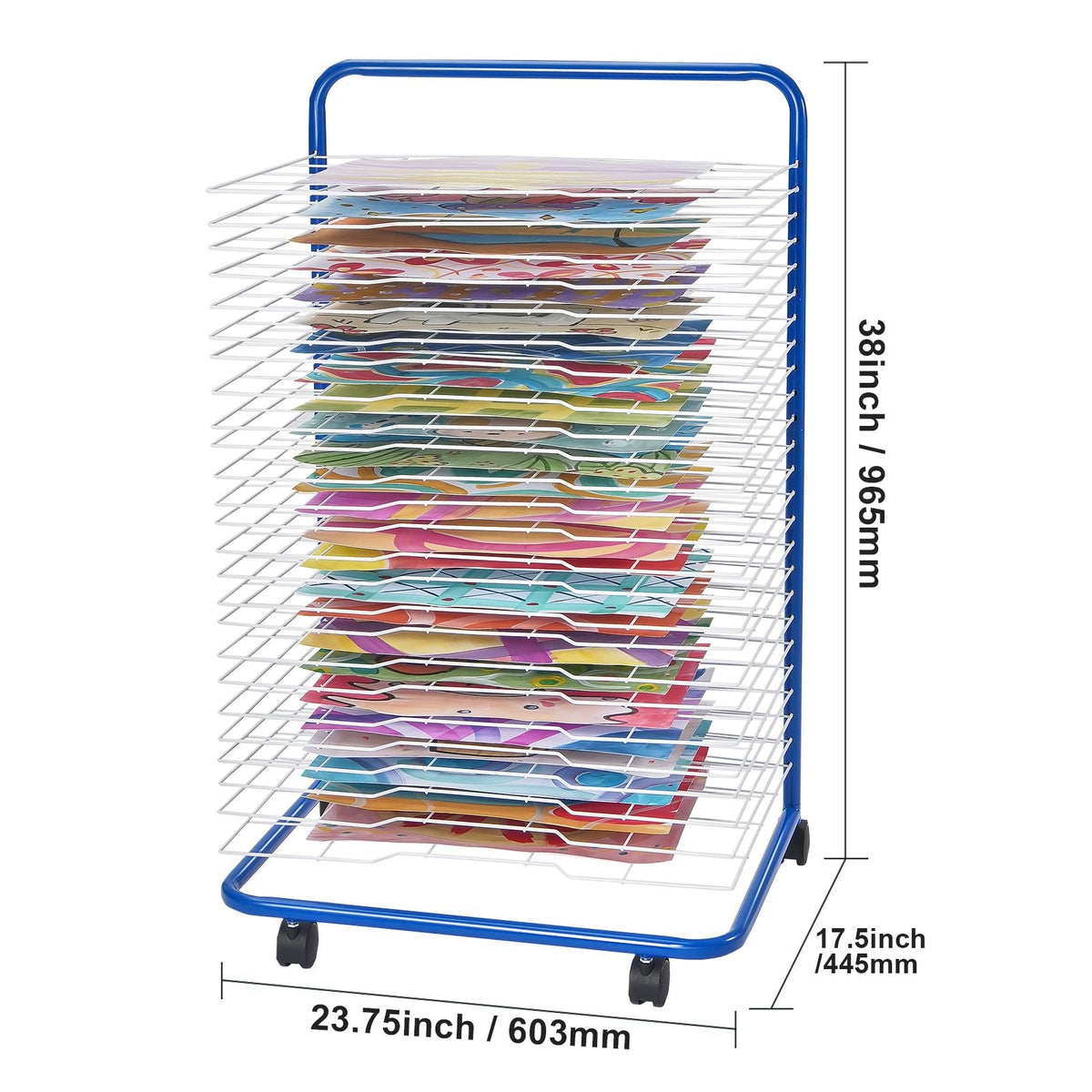 Art Drying Rack, 25 Removable Shelves 23.75 x 17.5 x 38 inch Paint Drying Rack With Lockable Wheels, Carbon Steel Painting Drying Rack for Artwork in Classroom, Art Studios, Schools, Blue+White