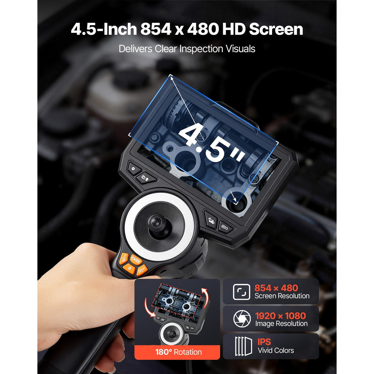 Articulating Endoscope with Light, 4-Way 360° Articulated Borescope, 0.24" Slim Lens 1920 x 1080, 4.5" HD IPS Screen, 8X Zoom Inspection Camera for Auto, Mechanical Equipment (4.9FT Snake Cable)