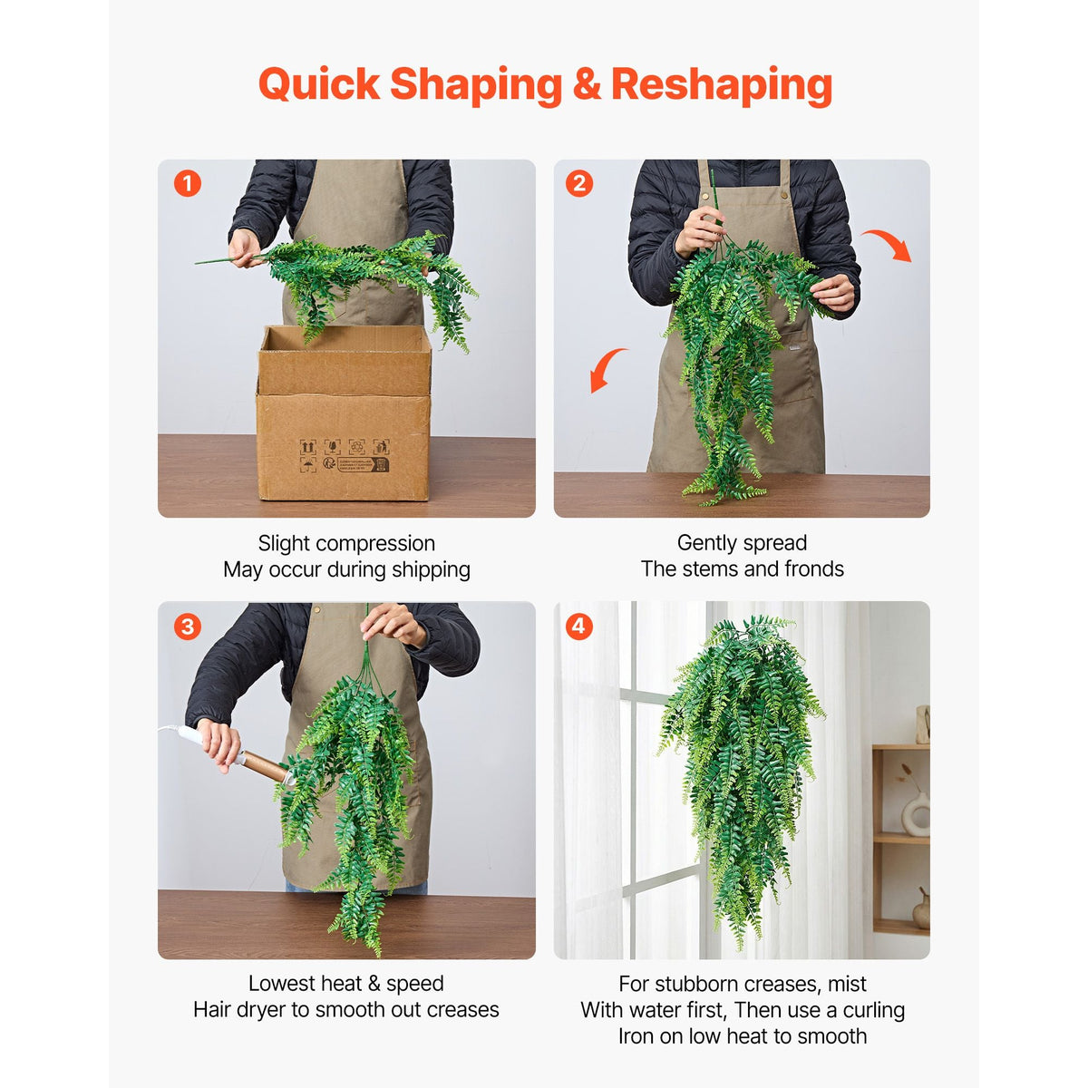 Artificial Ferns, 12 Pcs Fake Hanging Boston Fern Bush Plant with 32 Inch Hanging Length, Plastic Faux Greenery for Indoor/Outdoor Decor, For Wall, Wedding Party, Home, Porch Garden, No Basket