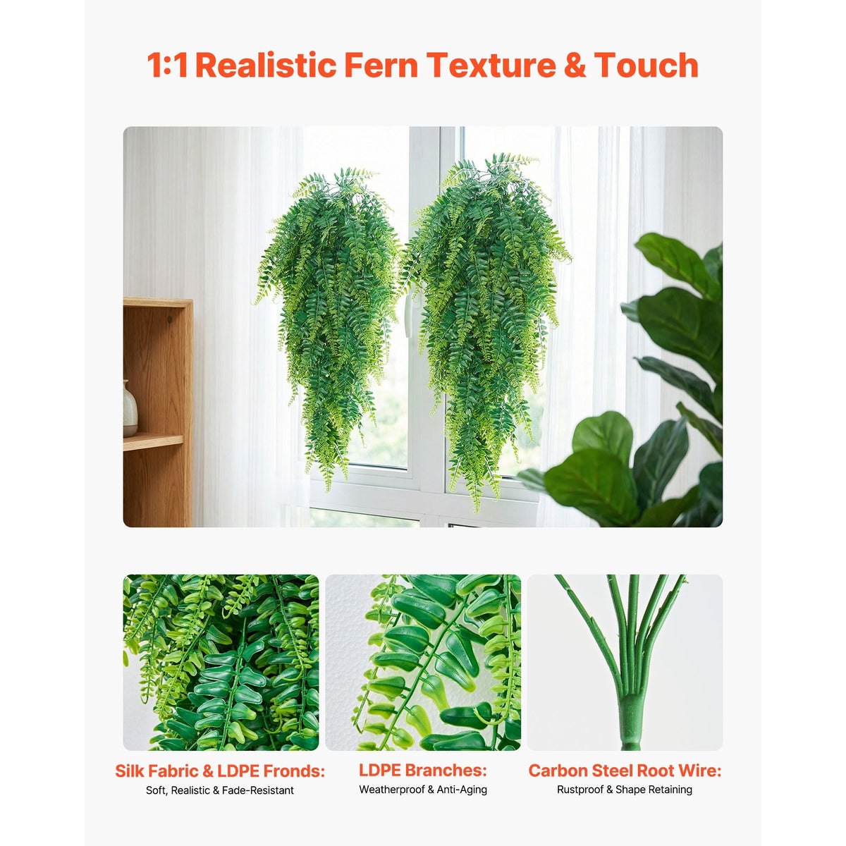 Artificial Ferns, 12 Pcs Fake Hanging Boston Fern Bush Plant with 32 Inch Hanging Length, Plastic Faux Greenery for Indoor/Outdoor Decor, For Wall, Wedding Party, Home, Porch Garden, No Basket