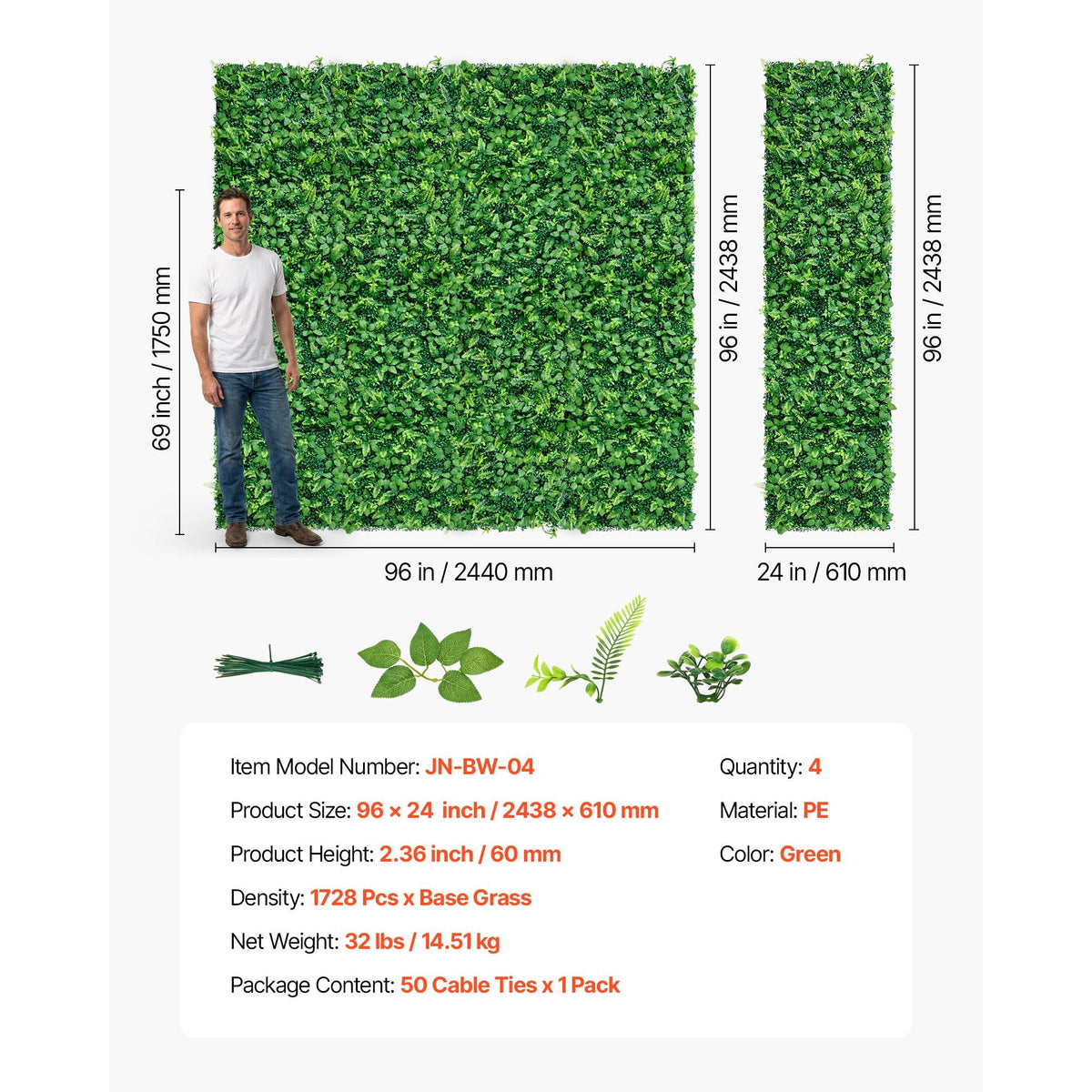 Artificial Plant Wall, 4 PCS, Each Panel 2 x 8 ft Artificial Boxwood Panels, Sun Protection Greenery Backdrop Privacy Hedge Fence, Fake Grass Screen for Wedding, Indoor, Outdoor Garden, Backyard