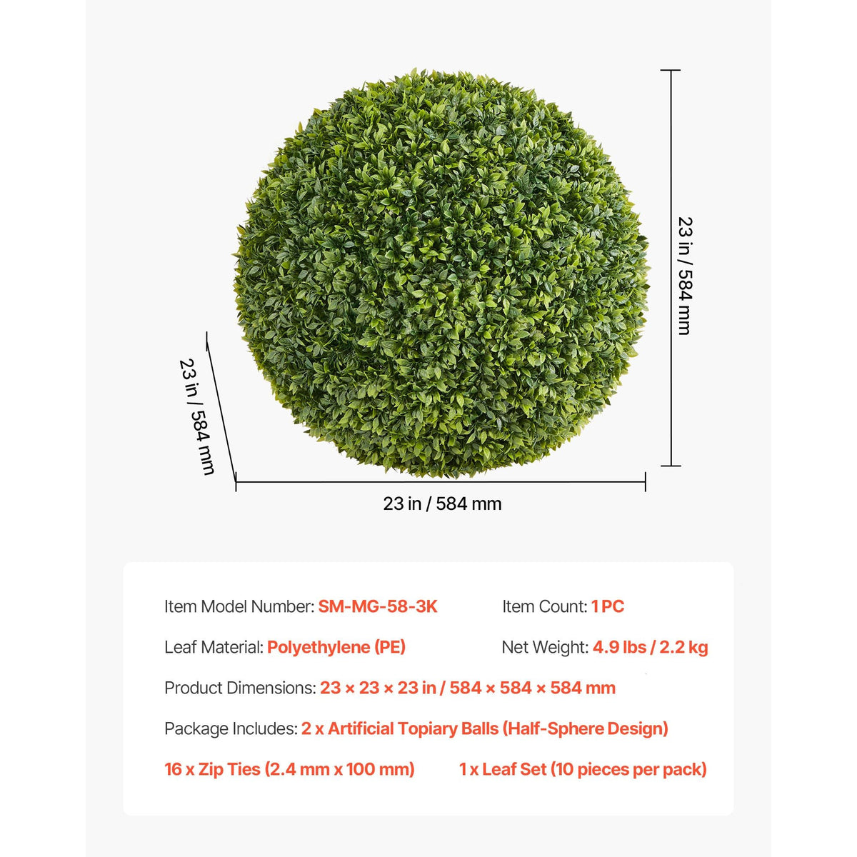 Artificial Topiary Ball, 23 inch Faux Boxwood Plant Balls, Fake Silk Tree Look Real, Easy Assembly for Decor Front Porch Outdoor Patio Garden Balcony Backyard and Indoor Home Wedding, Green