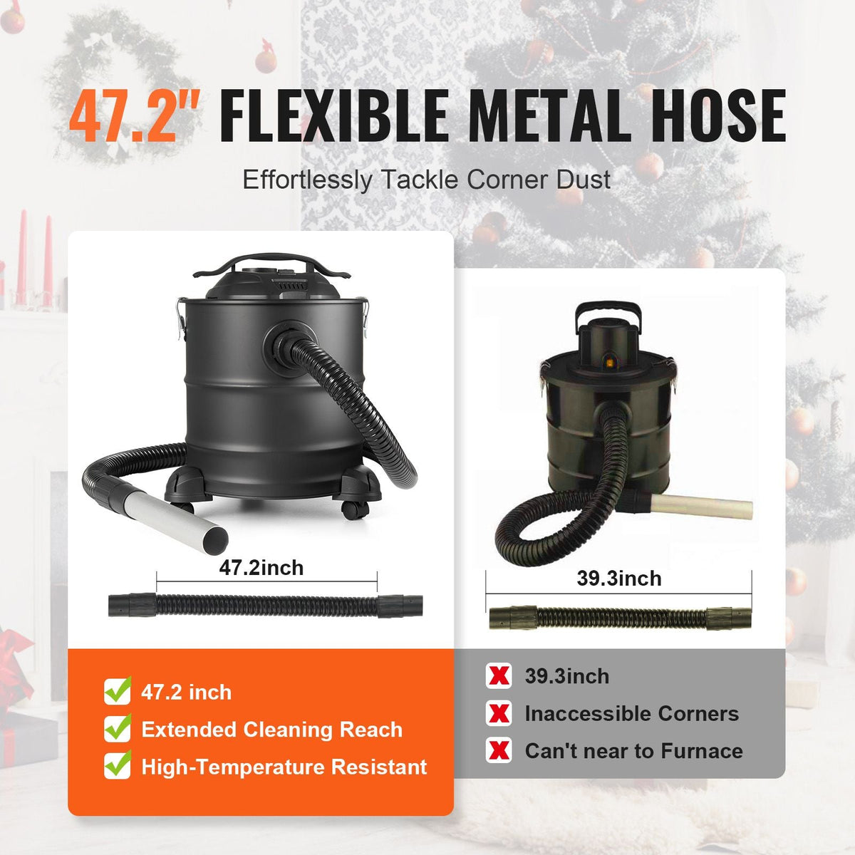 Ash Vacuum Cleaner, 5 Gallon with 1200W Powerful Suction, Fireplace Vacuum with Reverse Suction, 16.4 ft Power Cable, 16 Kpa Max. Vacuum, for Fireplaces, Pellet Stoves, Wood Stove, Log Burner