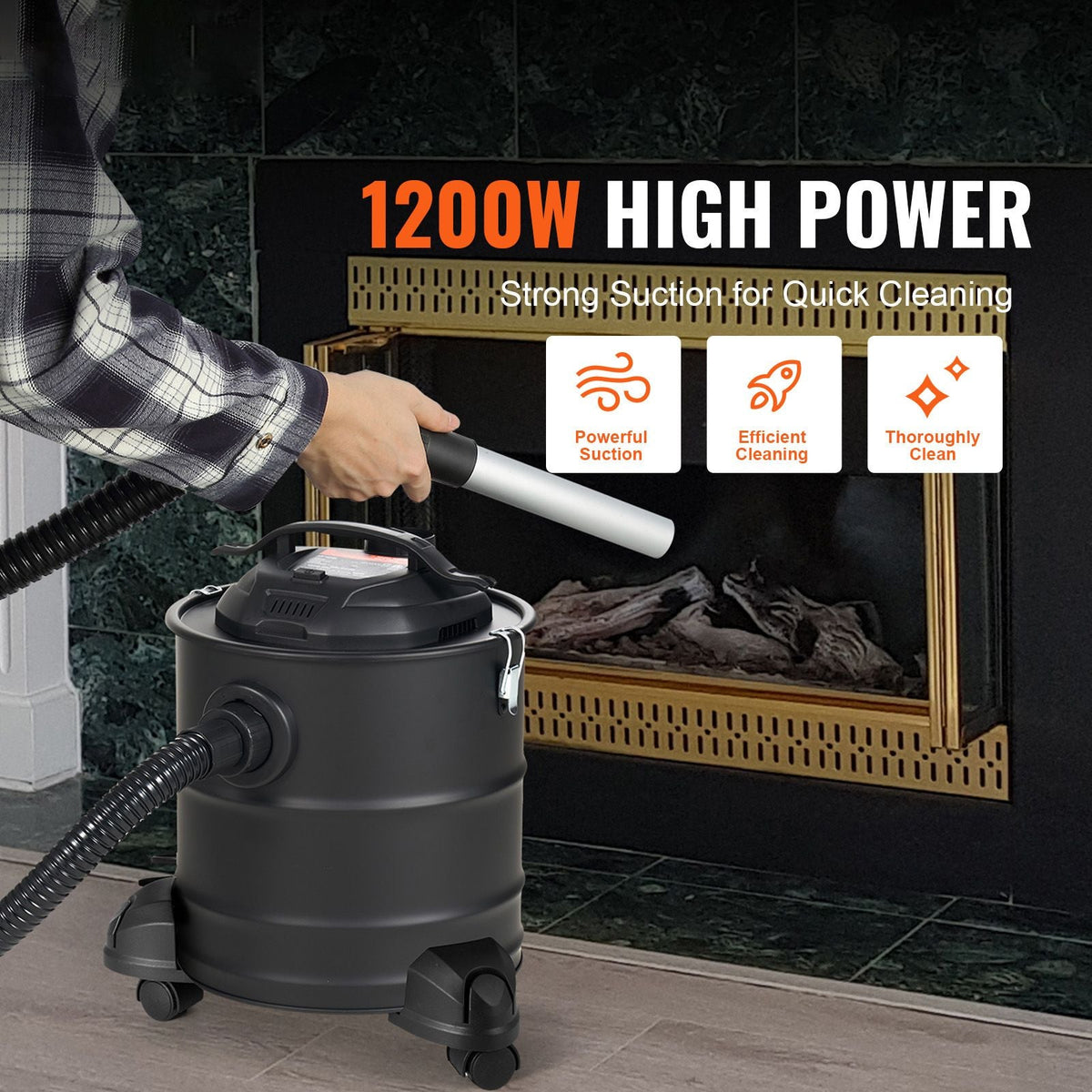 Ash Vacuum Cleaner, 5 Gallon with 1200W Powerful Suction, Fireplace Vacuum with Reverse Suction, 16.4 ft Power Cable, 16 Kpa Max. Vacuum, for Fireplaces, Pellet Stoves, Wood Stove, Log Burner