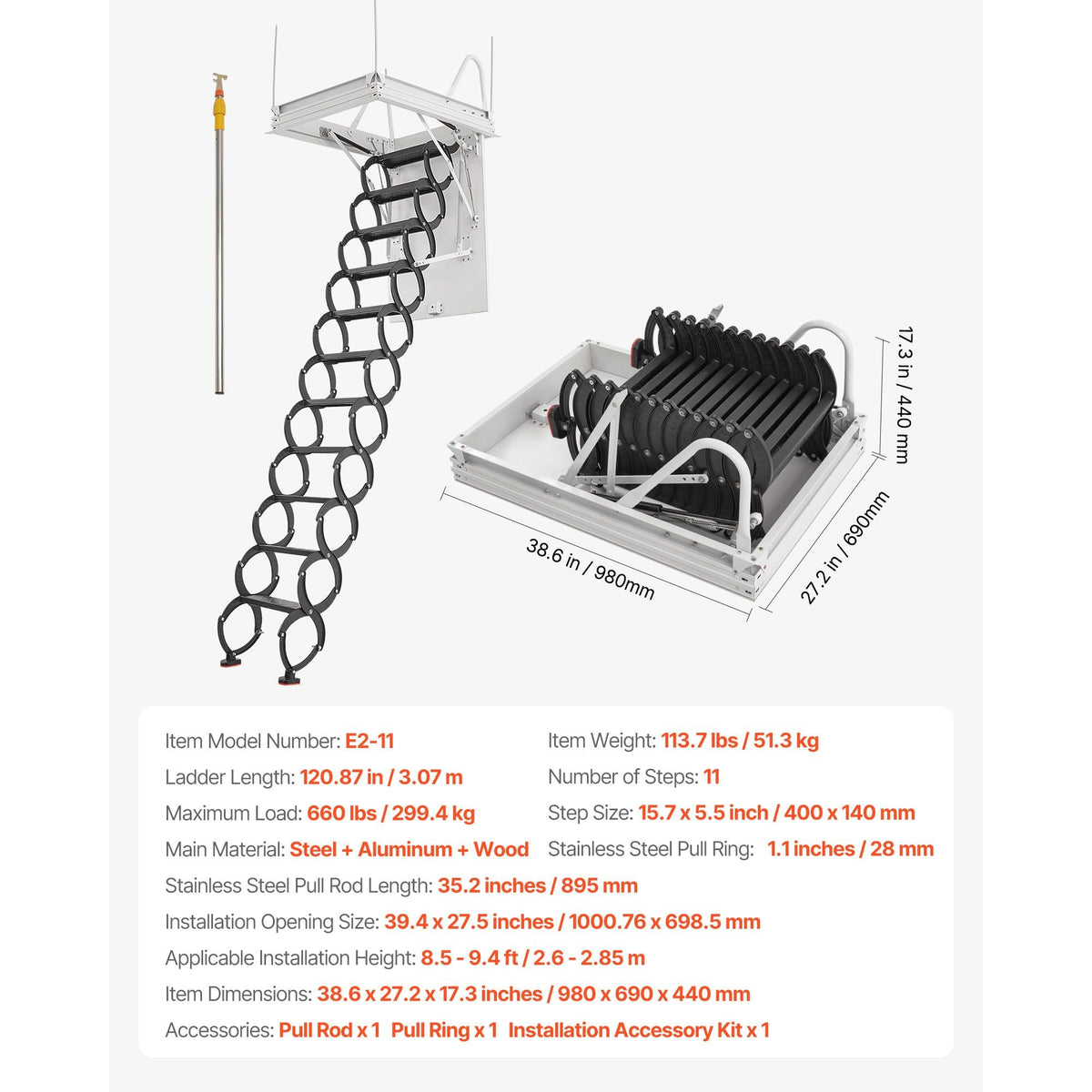 Attic Ladder, 660LBS/299.4KG Capacity, Fits 8.5 to 9.4 ft Ceiling Height and 39.4 x 27.5 inch Opening Size, Alloy Steel Pull-Down Retractable Ceiling Stair with Pulling Rod for Attic Loft Roof