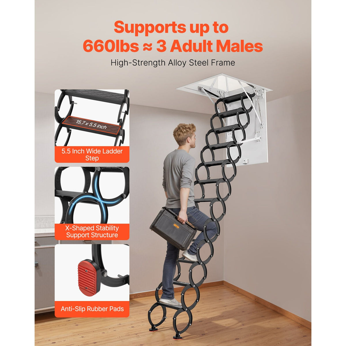 Attic Ladder, 660LBS/299.4KG Capacity, Fits 8.5 to 9.4 ft Ceiling Height and 39.4 x 27.5 inch Opening Size, Alloy Steel Pull-Down Retractable Ceiling Stair with Pulling Rod for Attic Loft Roof