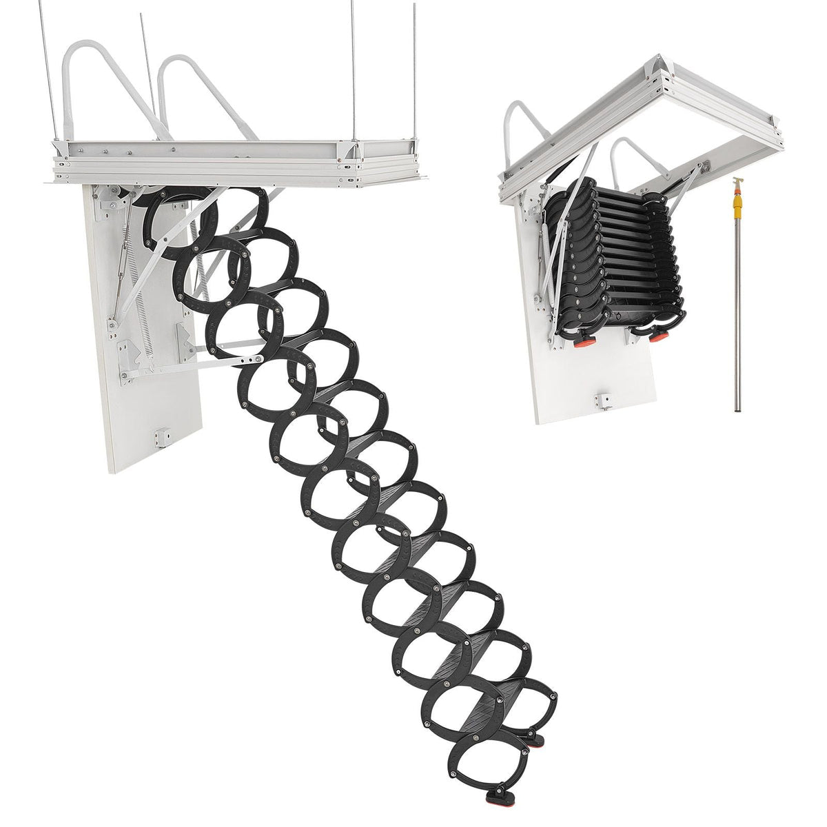 Attic Ladder, 660LBS/299.4KG Capacity, Fits 8.5 to 9.4 ft Ceiling Height and 39.4 x 27.5 inch Opening Size, Alloy Steel Pull-Down Retractable Ceiling Stair with Pulling Rod for Attic Loft Roof