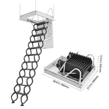 Attic Ladder, 660LBS/299.4KG Capacity, Fits 8.5 to 9.4 ft Ceiling Height and 39.4 x 27.5 inch Opening Size, Alloy Steel Pull-Down Retractable Ceiling Stair with Pulling Rod for Attic Loft Roof