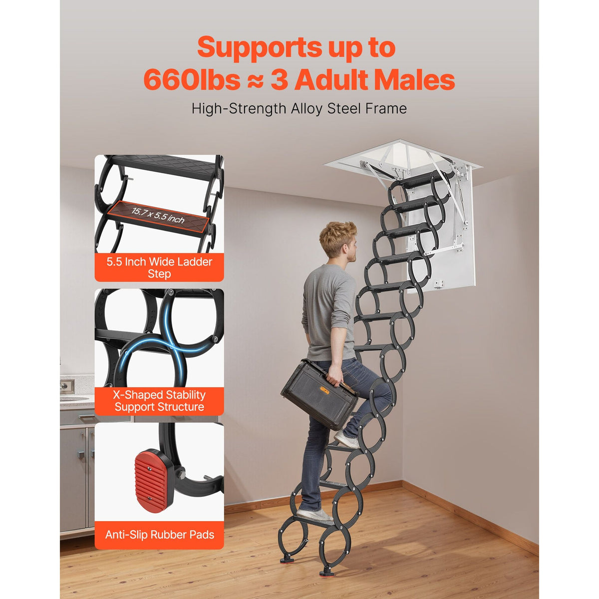 Attic Ladder, 660LBS/299.4KG Capacity, Fits 9.5 to 10.2 ft Ceiling Height and 39.4 x 27.5 inch Opening Size, Alloy Steel Pull-Down Retractable Ceiling Stair with Pulling Rod for Attic Loft Roof