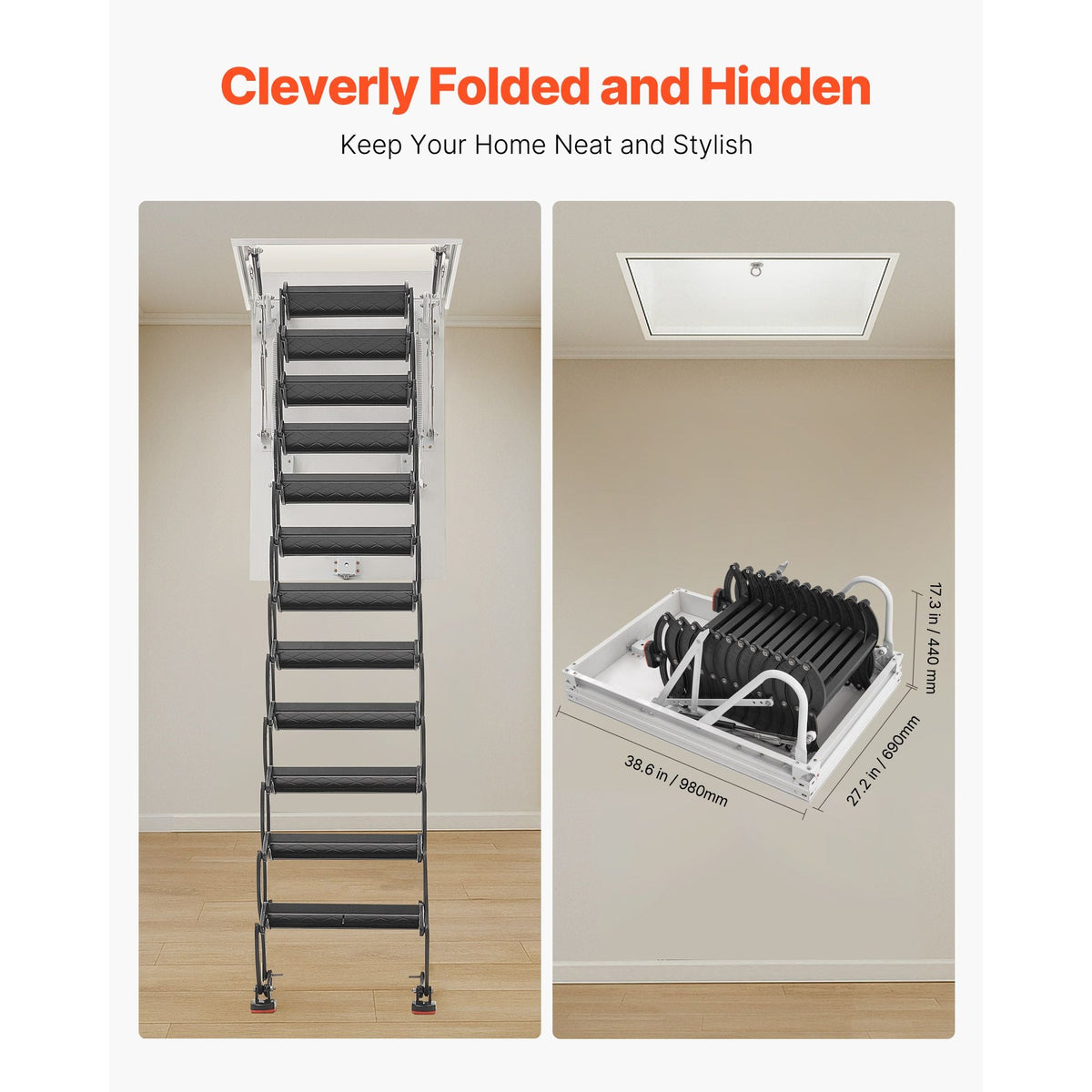 Attic Ladder, 660LBS/299.4KG Capacity, Fits 9.5 to 10.2 ft Ceiling Height and 39.4 x 27.5 inch Opening Size, Alloy Steel Pull-Down Retractable Ceiling Stair with Pulling Rod for Attic Loft Roof