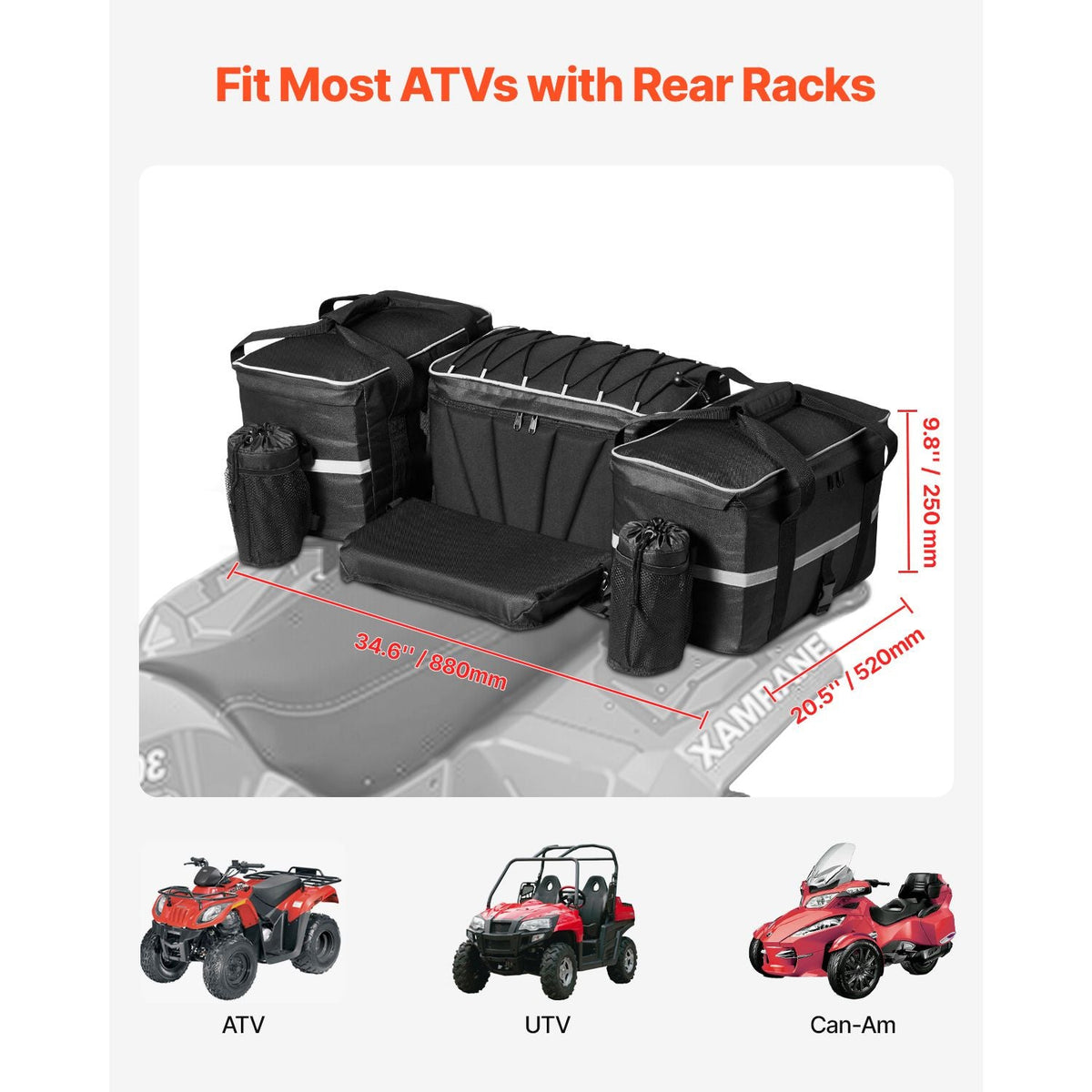ATV Rear Storage Bag, 60L ATV Rear Cargo Storage Bag with Backrest & Waterproof Cover, 600D Oxford Cloth Rear Seat Gear Bag Fit Most ATVs with Rear Rack, Compatible with ATV, UTV, Can-Am Vehicle