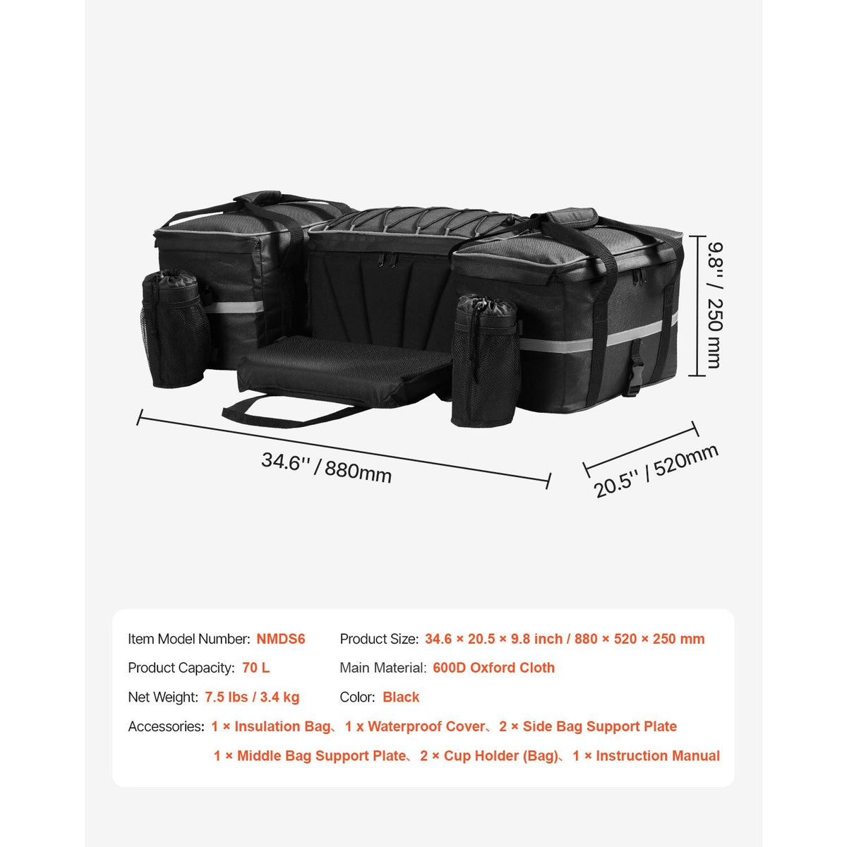 ATV Rear Storage Bag, 60L ATV Rear Cargo Storage Bag with Backrest & Waterproof Cover, 600D Oxford Cloth Rear Seat Gear Bag Fit Most ATVs with Rear Rack, Compatible with ATV, UTV, Can-Am Vehicle