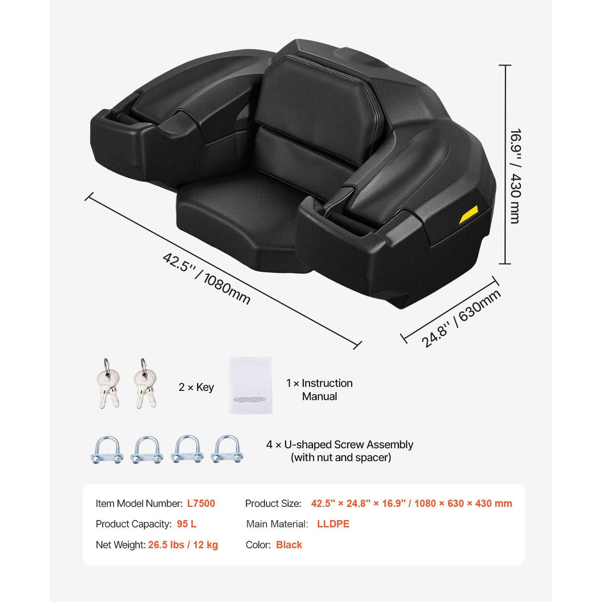 ATV Rear Storage Box and Lounger, 95L ATV Cargo Box with Seat & Backrest, Waterproof LLDPE & Lockable Lounger Storage Box Fit Most ATVs with Rear Rack, Compatible with ATV, UTV, Can-Am Vehicles