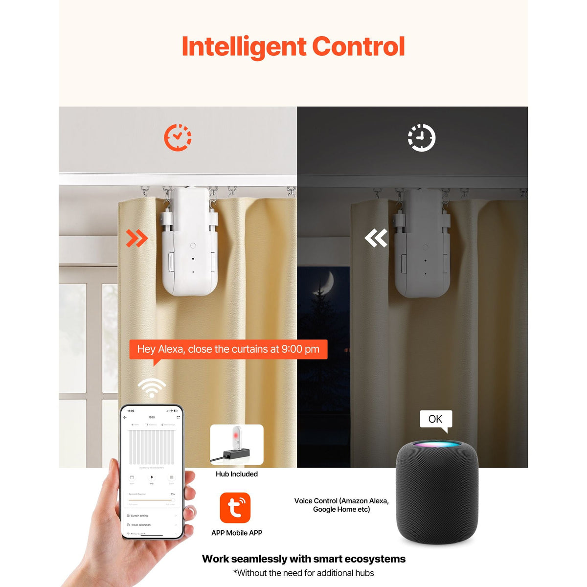 Automatic Curtain Opener, APP and Remote Control, Hub Included, Electric Smart Curtain Opener Compatible with Alexa and Google Home, Timed Opening and Closing, for U-shaped/I-shaped Rails