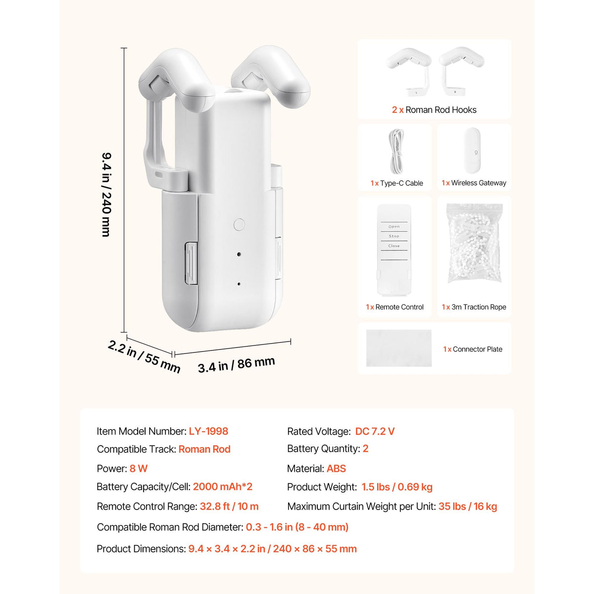 Automatic Curtain Opener, APP and Remote Control, Hub Included, Electric Smart Curtain Opener Compatible with Alexa and Google Home, Timed Opening and Closing, Silent Mode, for Roman Rods