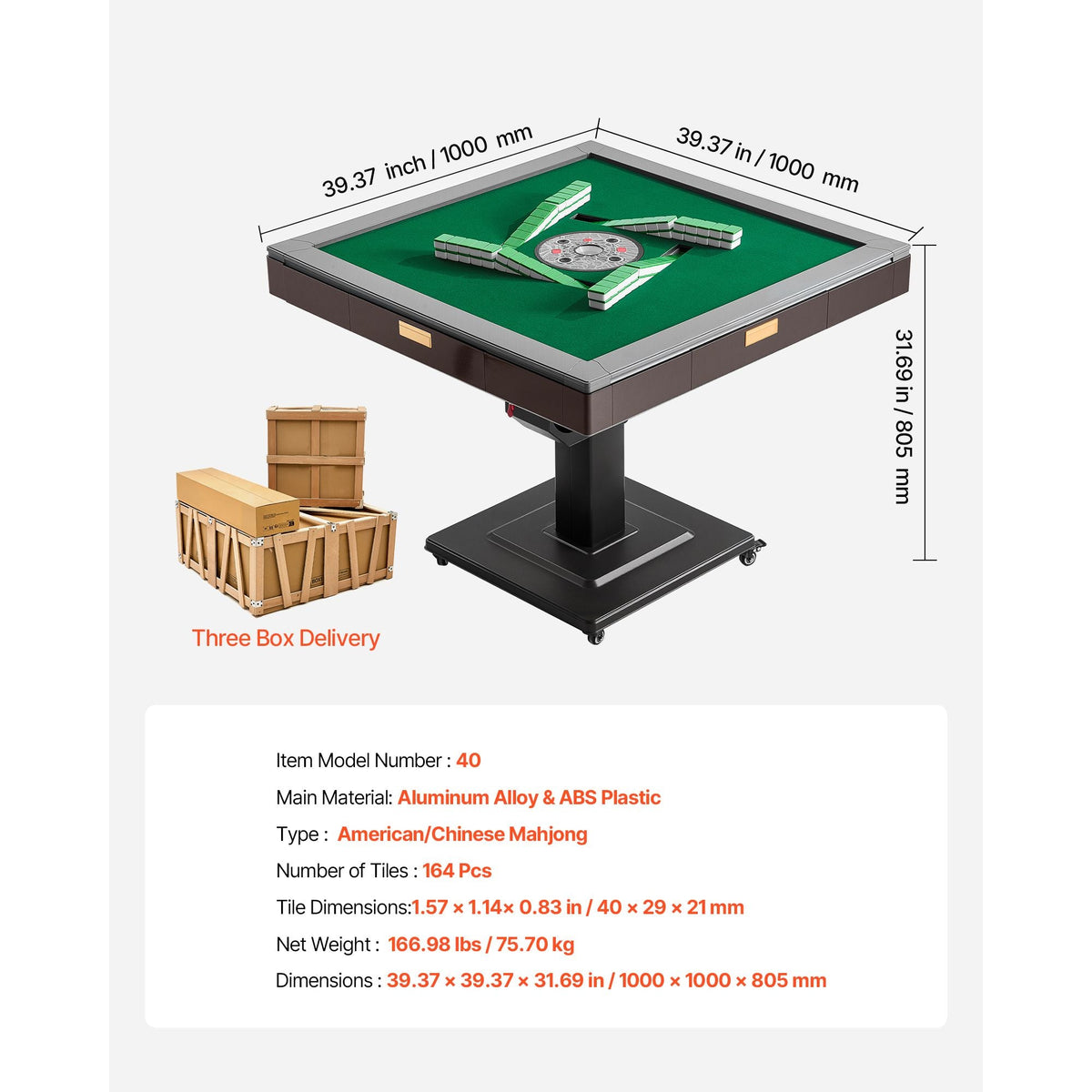Automatic Mahjong Table with Wheels, 2 Sets of 40 mm Tiles (164 Pcs), Roller Coaster Style Mahjong-Table, Foldable and Automatic Shuffler, for Home, Outdoor Leisure & Gifts for Mahjong Players