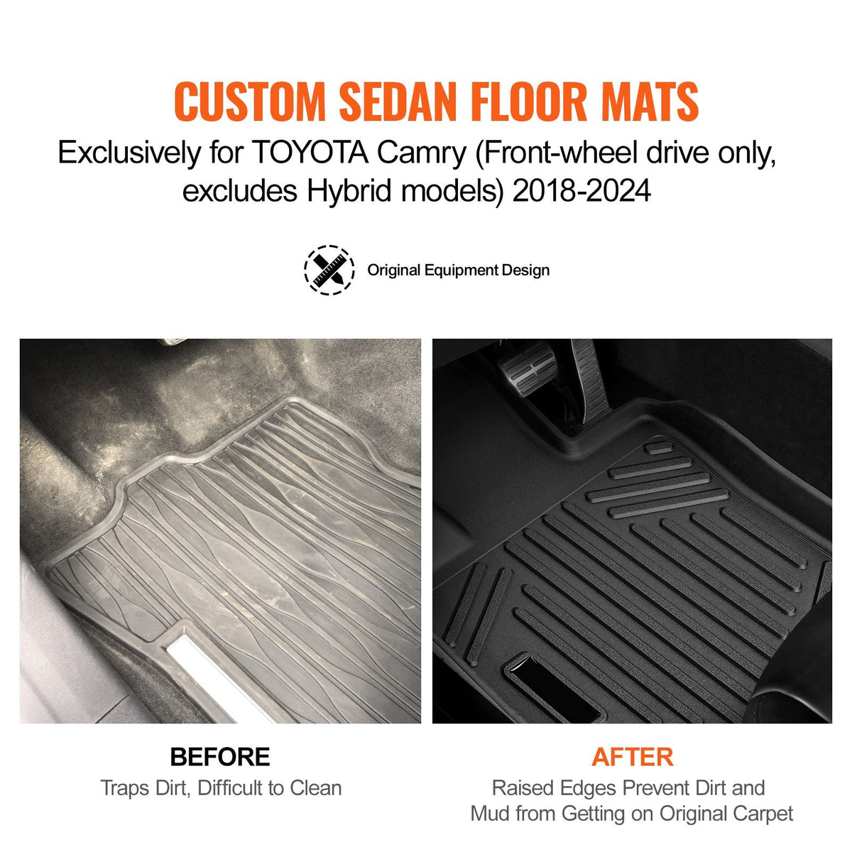 Automotive Floor Mats, Fits for Toyota Camry 2018-2024, 3 pcs Front and 2nd Row Liners, All Weather Custom Fit TPE Vehicle Floor Mats, Easy to Clean and Secure Floor Liners for SUV, Black