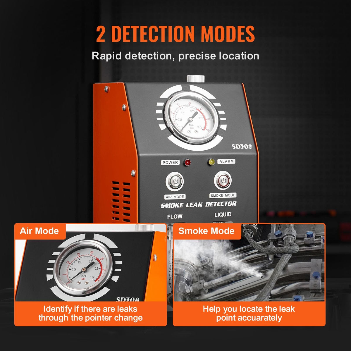 Automotive Smoke Machine Leak Detector, EVAP Smoke Machine Leak Tester with Built-in Air Pump, Pressure Gauge, Oil Level & Flow Meter, 2-Mode Vacuum Diagnostic Detector for EVAP Fuel Pipe System