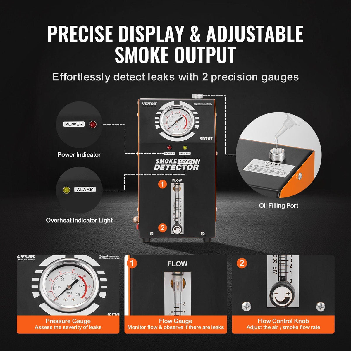 Automotive Smoke Machine Leak Detector, EVAP Vacuum Fuel Leak Tester with Built-in Air Pump, Pressure Gauge & Flow Meter, 2-Mode Vacuum Pipe Fuel Diagnostic Detector for 12V Cars Trucks Boats
