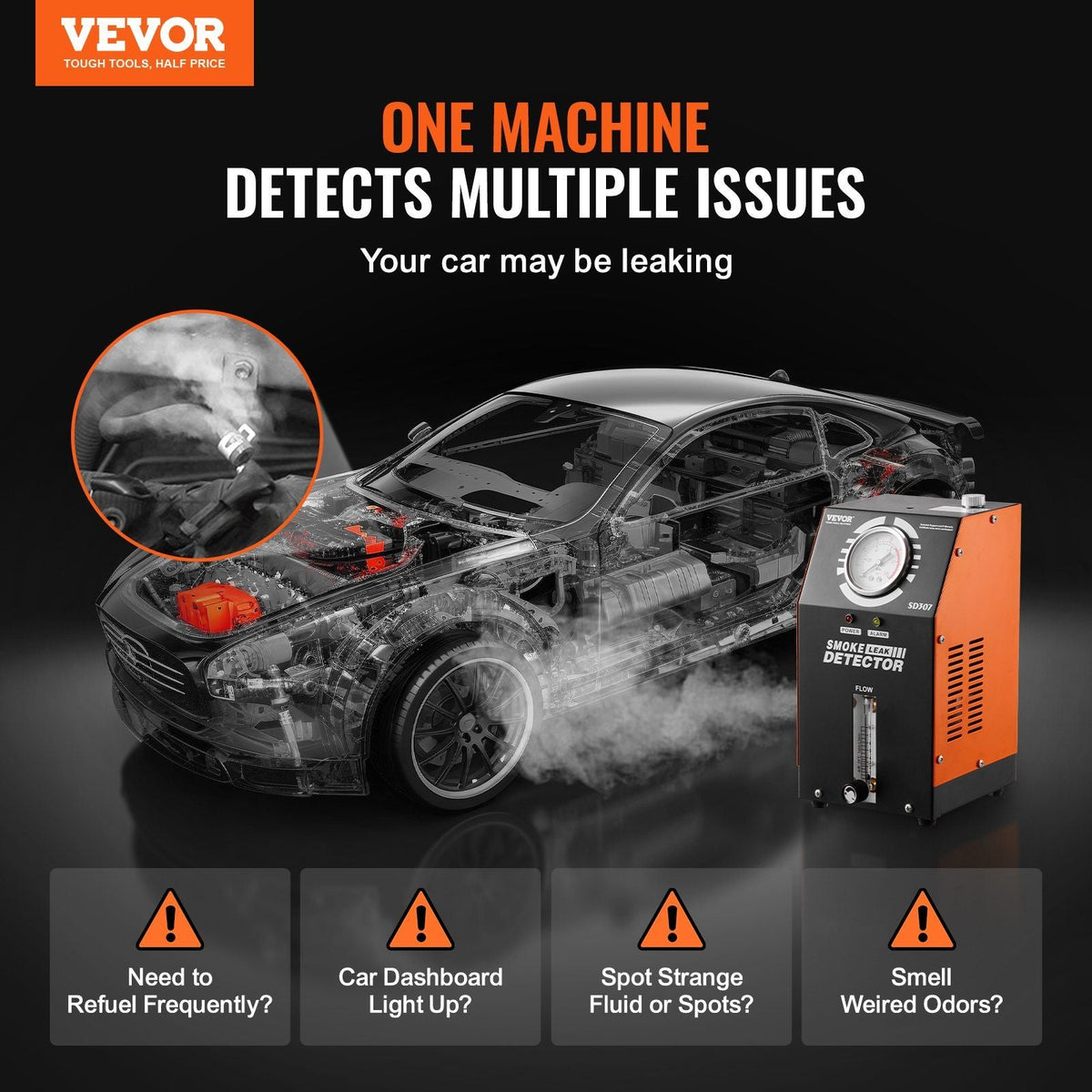 Automotive Smoke Machine Leak Detector, EVAP Vacuum Fuel Leak Tester with Built-in Air Pump, Pressure Gauge & Flow Meter, 2-Mode Vacuum Pipe Fuel Diagnostic Detector for 12V Cars Trucks Boats