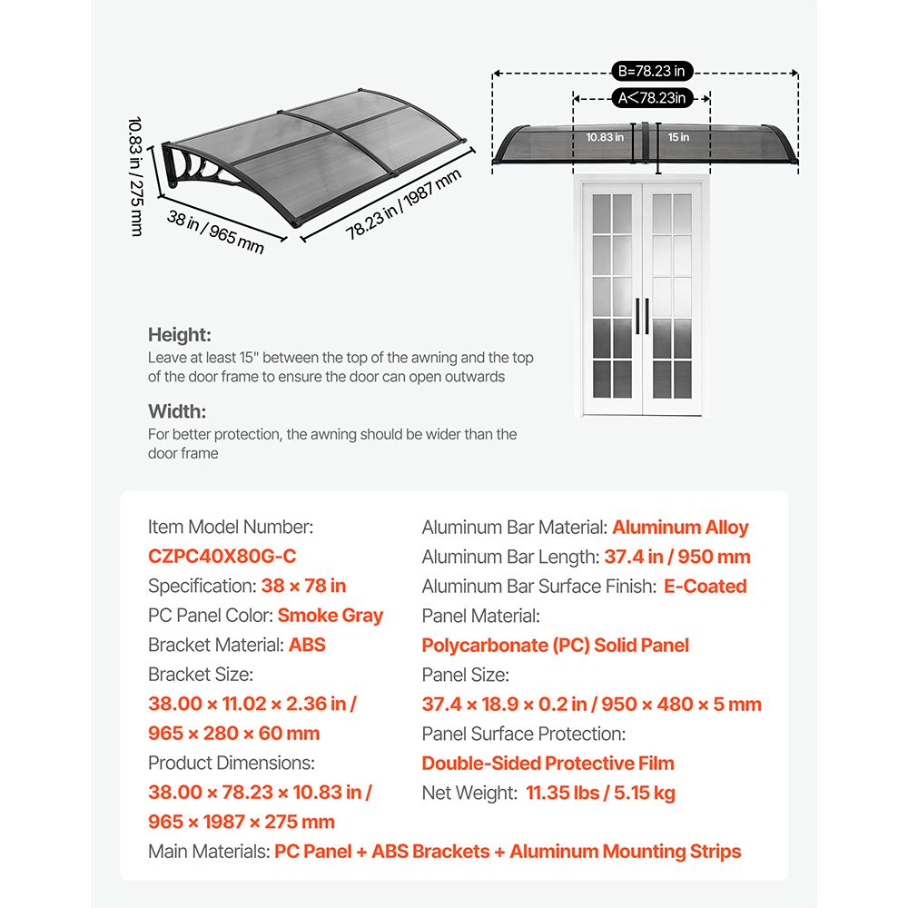 Awnings for Door Entrance, 38 x 78 in, Exterior Front Door Window Awnings with Drainage & ABS Bracket, Rain Snow Sun Protection, Overhang Polycarbonate Door Canopy for Porch Patio, Smoky Gray