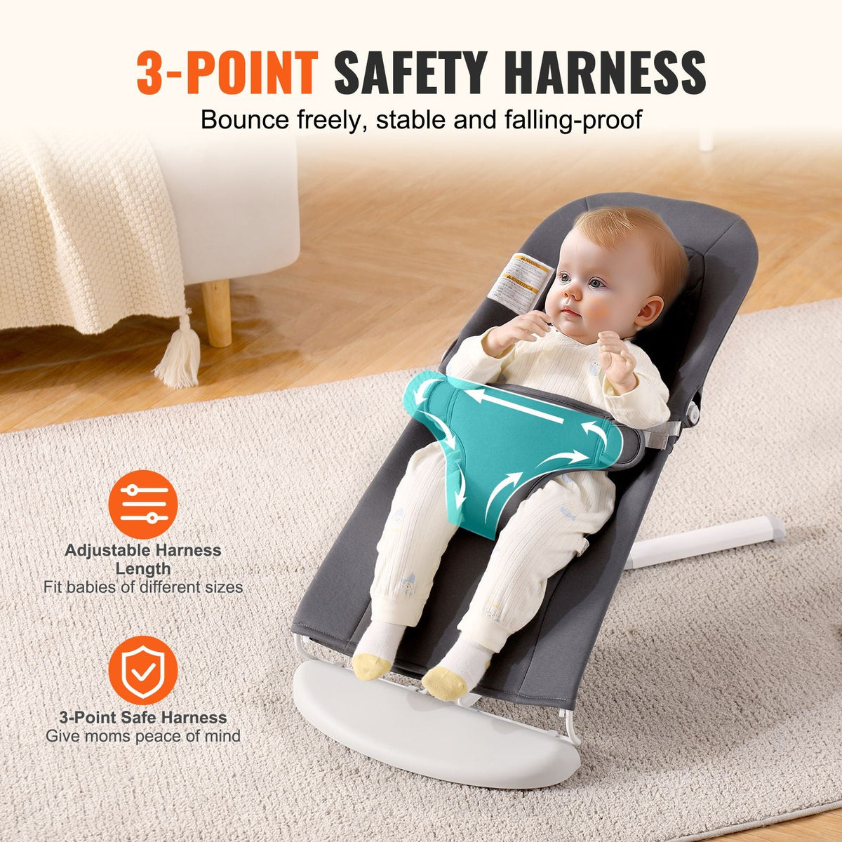 Baby Bouncer, Folding Bouncer Seat for Babies 0-9 Months, Newborn Bouncer Chair with 2 Reclining Angles & 3-Point Harness, Portable Infant Rocker with Carrying Bag for Indoor Outdoor, Dark Gray