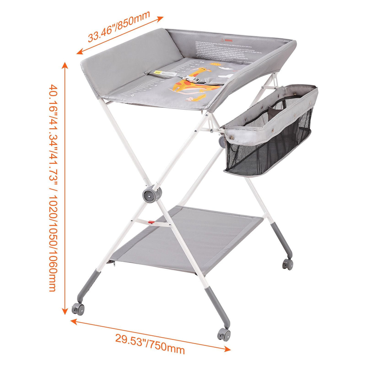 Baby Changing Table, Folding Diaper Changing Station with Lockable Wheels, Portable Changing Table 3-level Adjustable Heights, with Storage Basket & Hanging Racks for Newborns & Infant